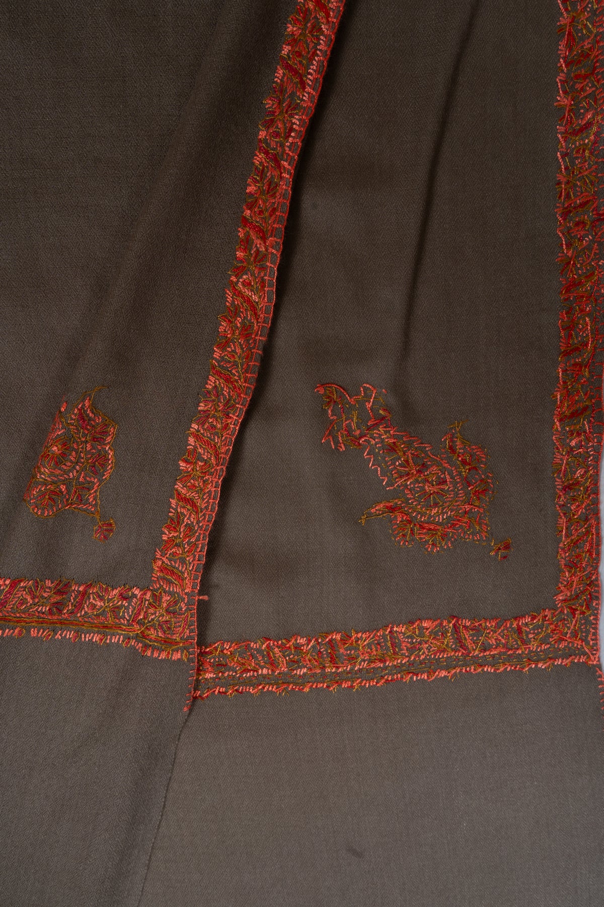 Mocha Ember Minimal Edge: Merino Wool Hand Embroidered 2.5 Yards Shawl