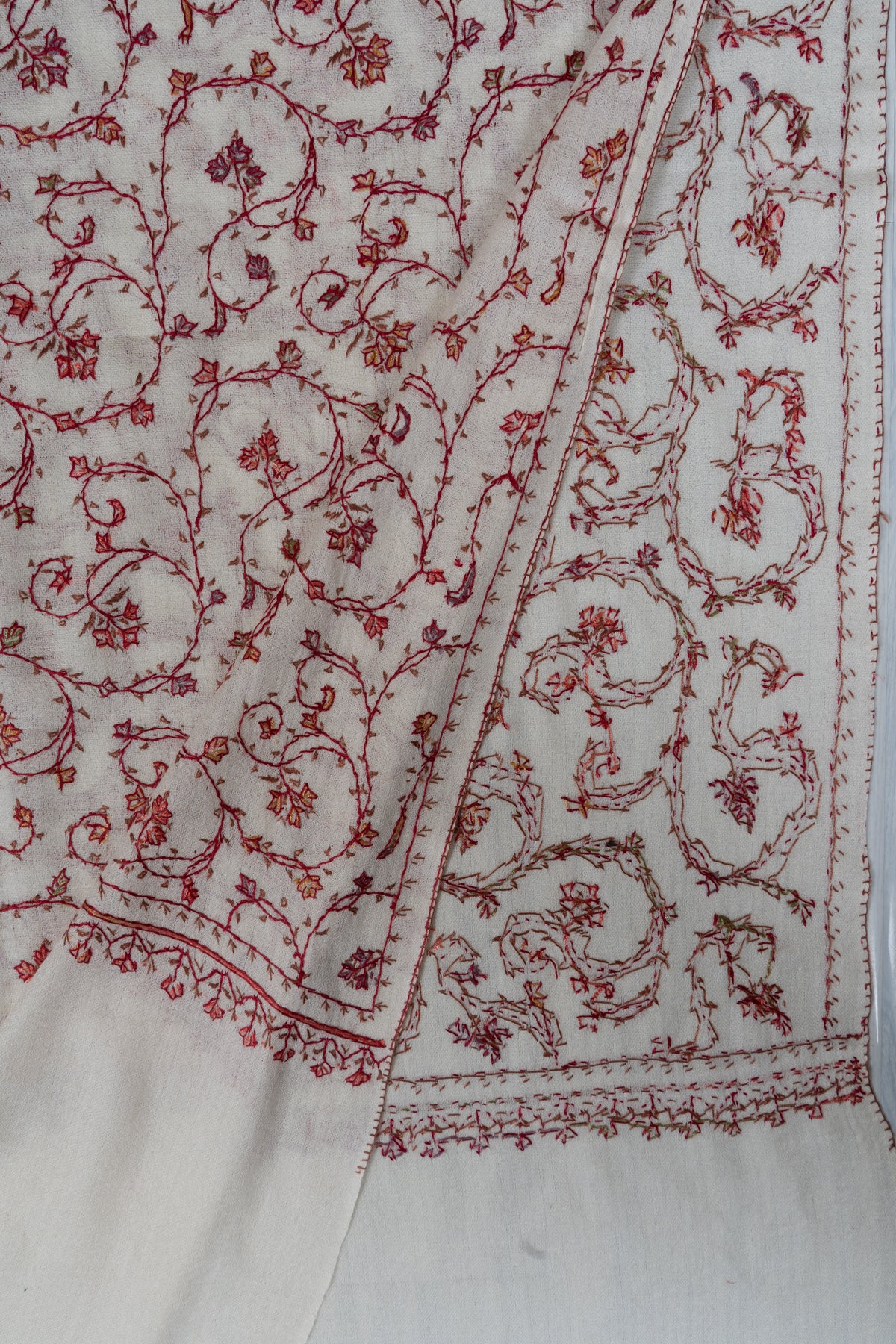 Ivory Rouge Floral Mesh: Merino Wool Hand Embroidered 2.5 Yards Shawl