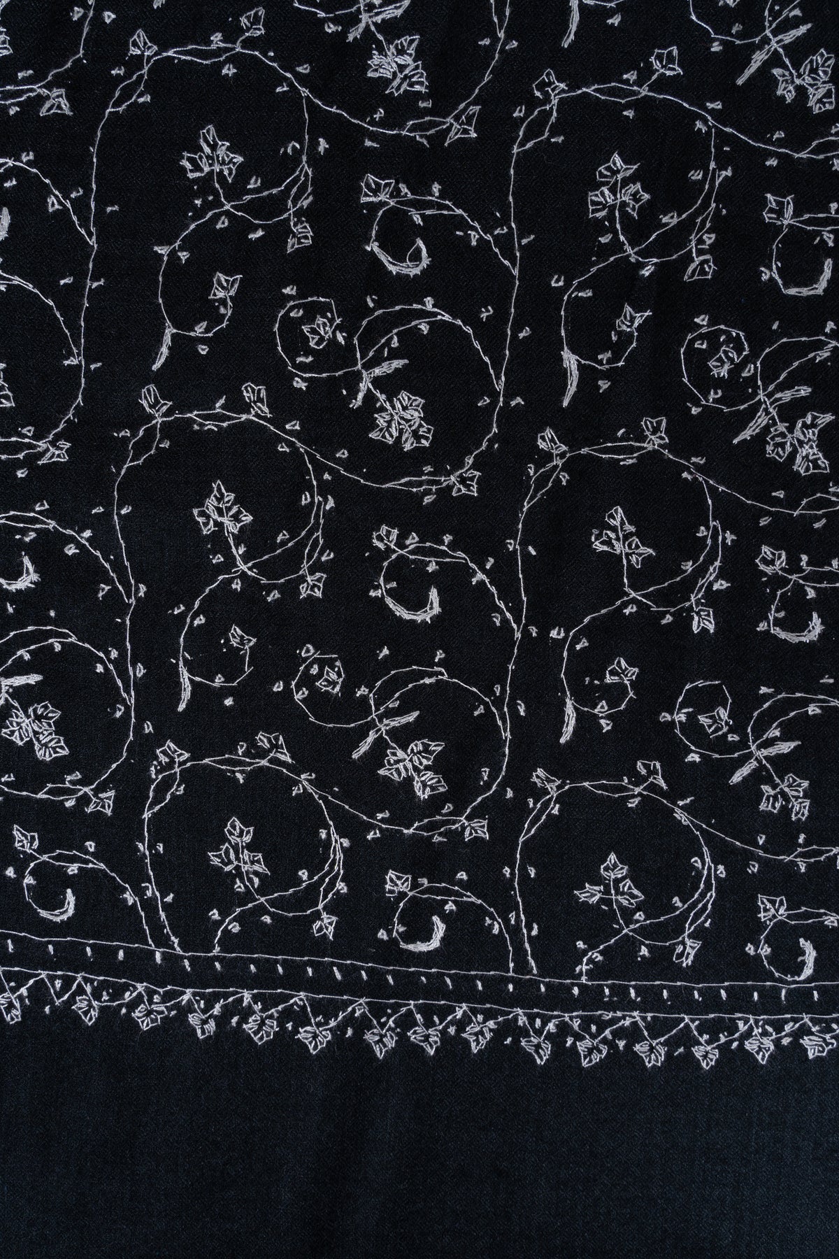 Midnight Ivory Floral Weave: Merino Wool Hand Embroidered 2.5 Yards Shawl