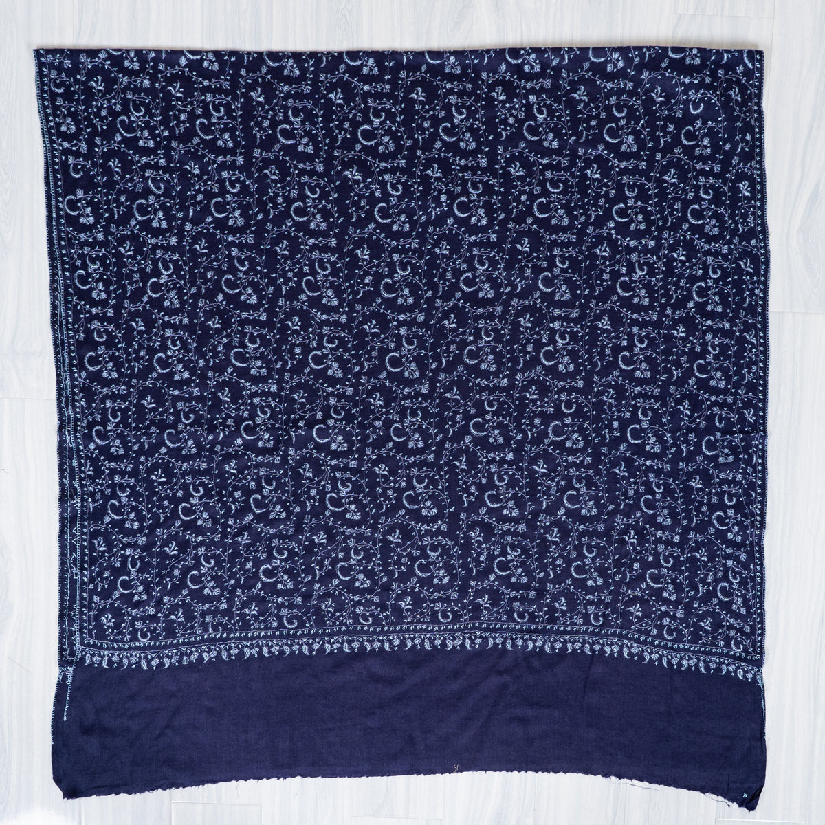 Royal Indigo Vine Weave: Merino Wool Hand Embroidered 2.5 Yards Shawl