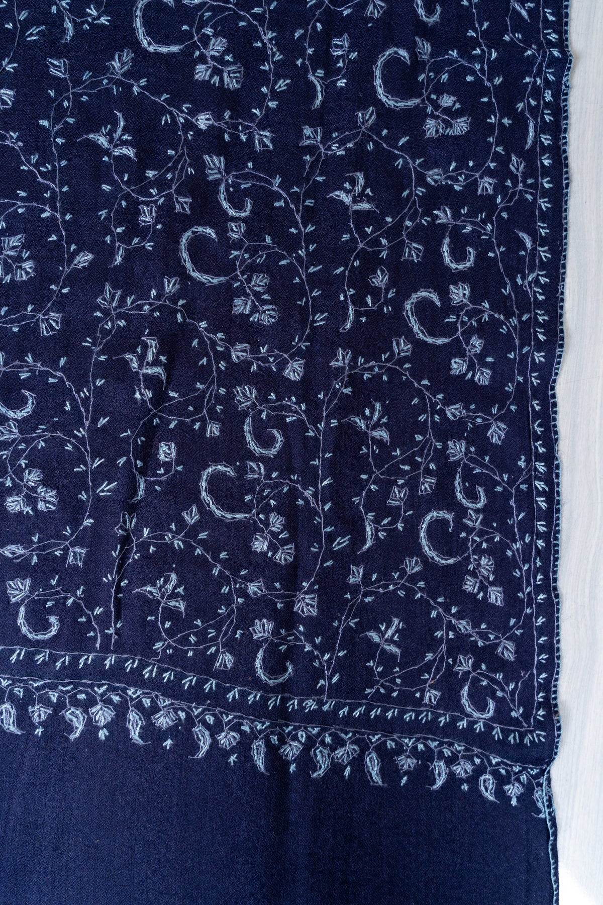 Royal Indigo Vine Weave: Merino Wool Hand Embroidered 2.5 Yards Shawl