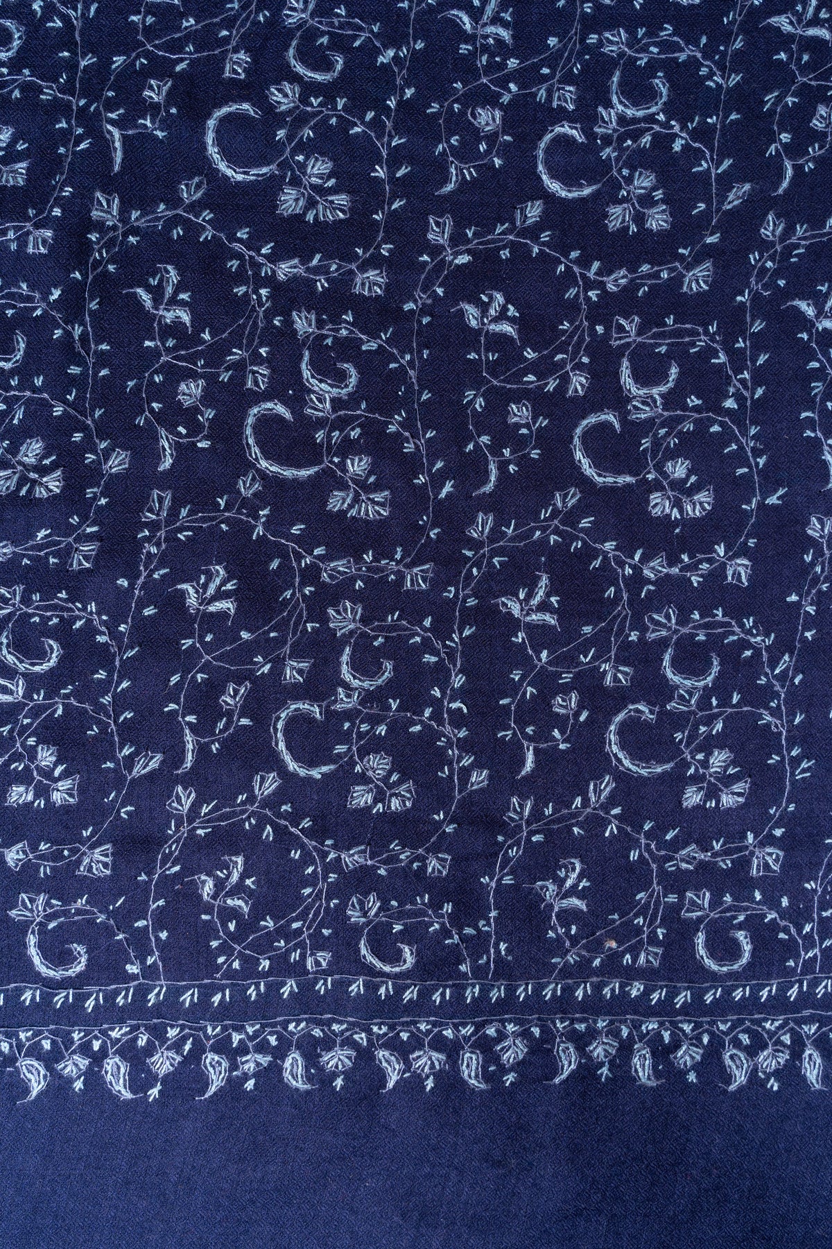 Royal Indigo Vine Weave: Merino Wool Hand Embroidered 2.5 Yards Shawl