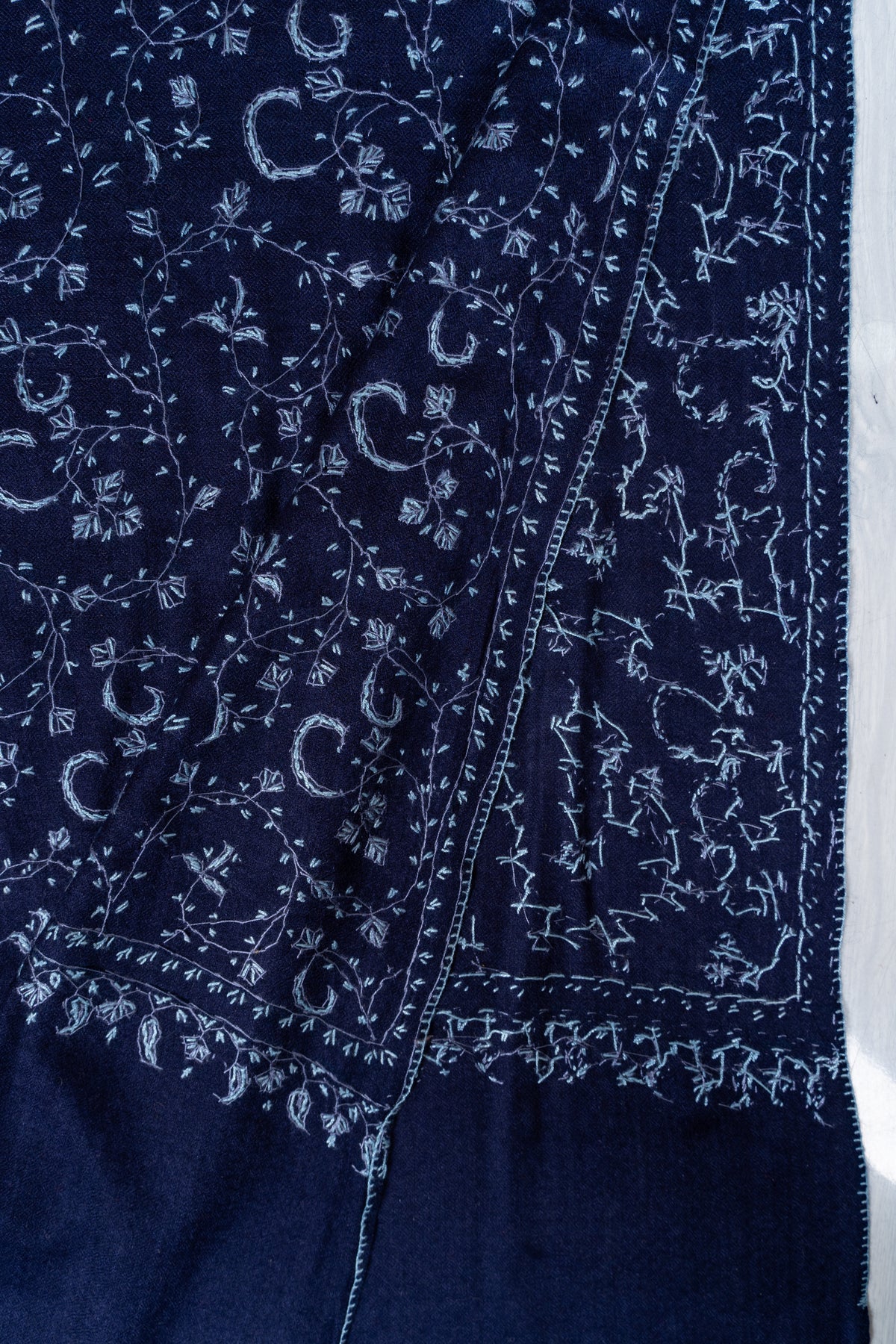 Royal Indigo Vine Weave: Merino Wool Hand Embroidered 2.5 Yards Shawl