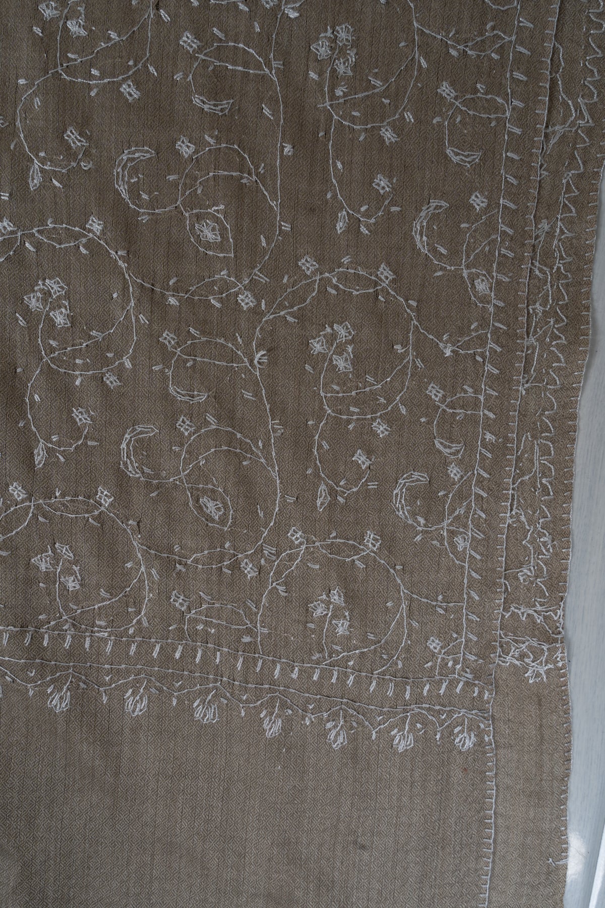 Taupe Ivory Floral Mist: Merino Wool Hand Embroidered 2.5 Yards Shawl