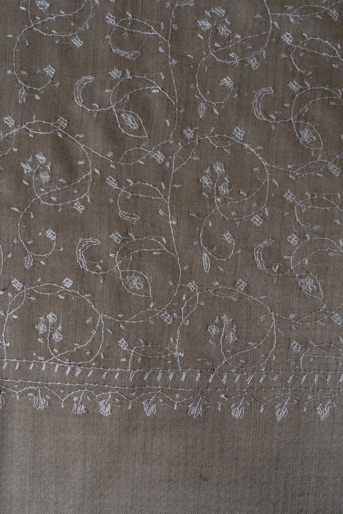 Taupe Ivory Floral Mist: Merino Wool Hand Embroidered 2.5 Yards Shawl