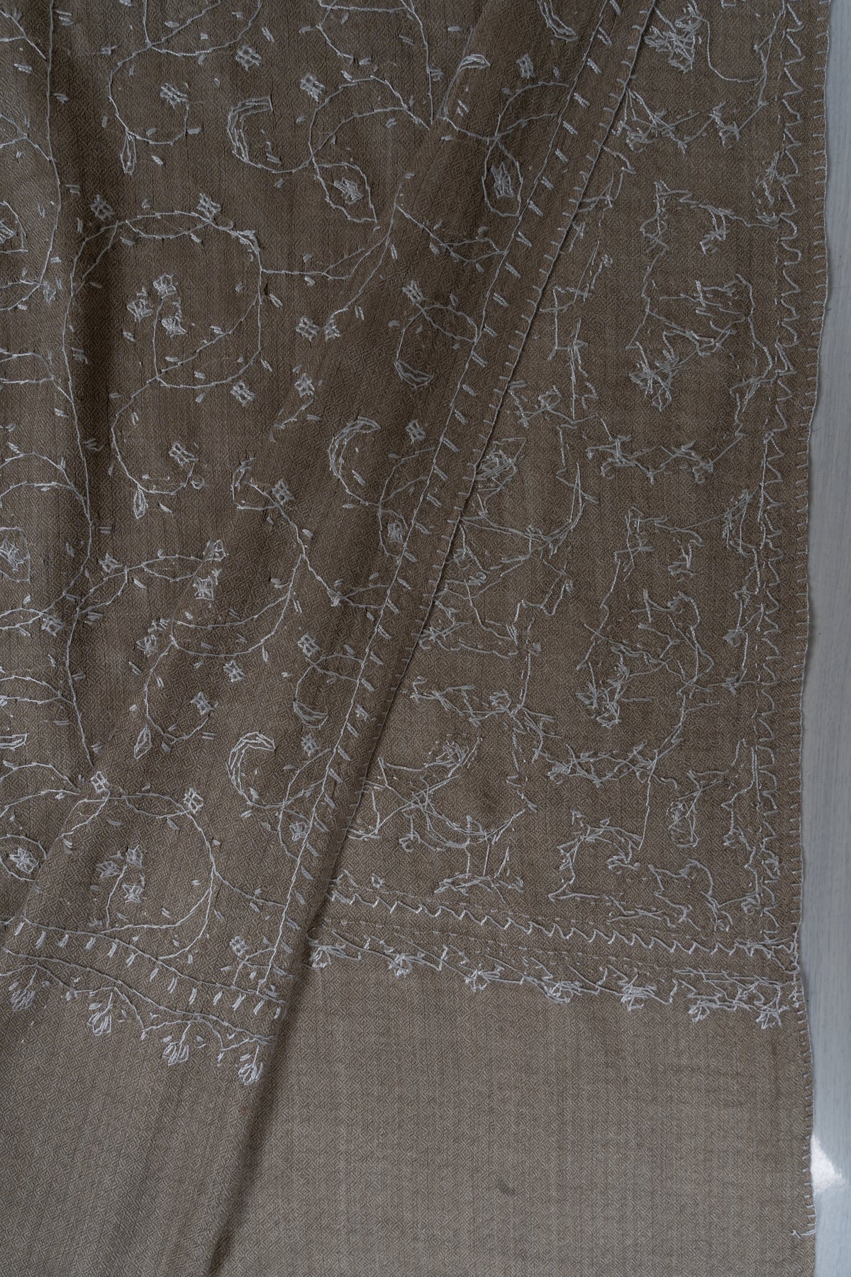 Taupe Ivory Floral Mist: Merino Wool Hand Embroidered 2.5 Yards Shawl