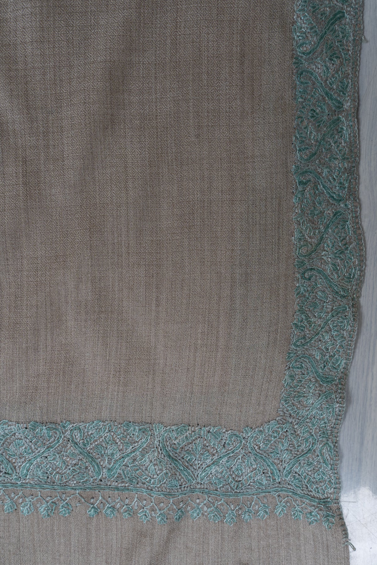 Sand Taupe Mint Edge: Merino Wool Hand Embroidered 2.5 Yards Shawl