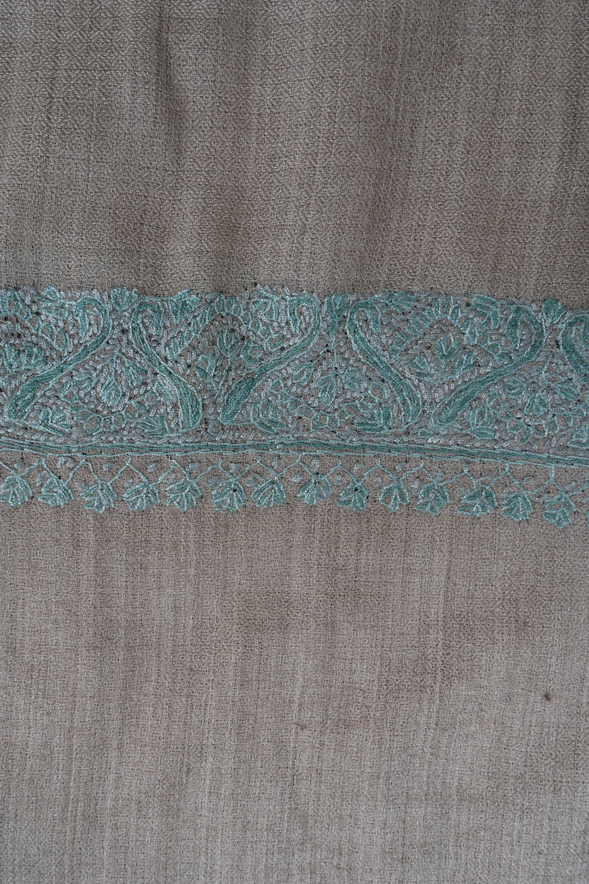 Sand Taupe Mint Edge: Merino Wool Hand Embroidered 2.5 Yards Shawl