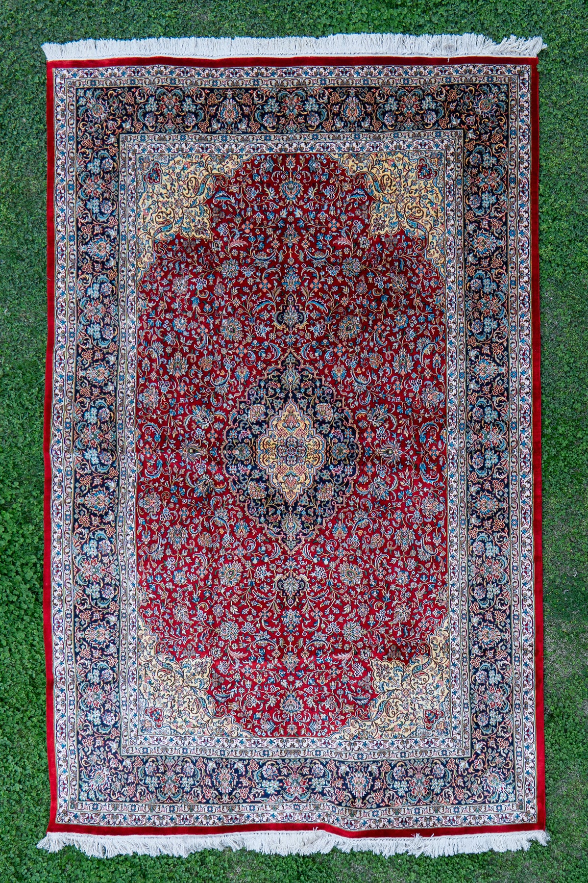 7ft x 5ft: Crimson Royal Bloom: Hand Knotted Mulberry silk on silk Kashmiri Carpet