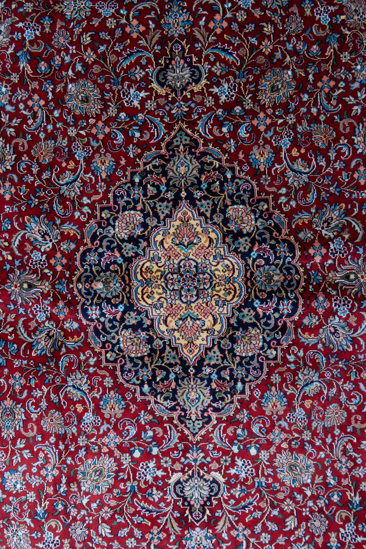 7ft x 5ft: Crimson Royal Bloom: Hand Knotted Mulberry silk on silk Kashmiri Carpet
