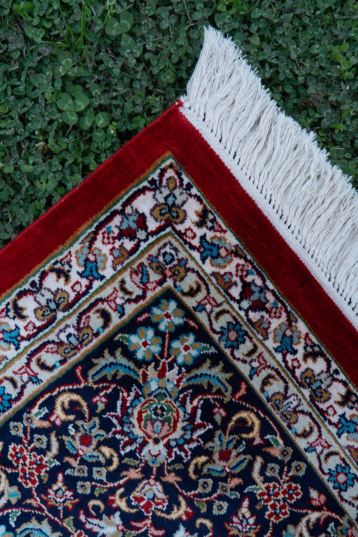 7ft x 5ft: Crimson Royal Bloom: Hand Knotted Mulberry silk on silk Kashmiri Carpet