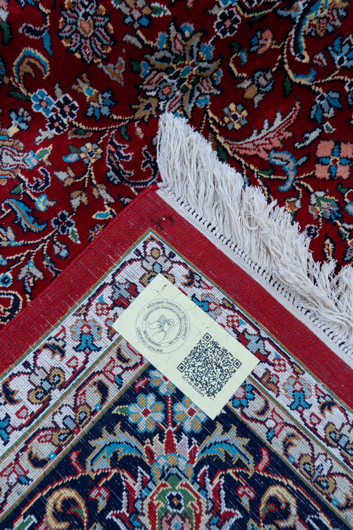 7ft x 5ft: Crimson Royal Bloom: Hand Knotted Mulberry silk on silk Kashmiri Carpet