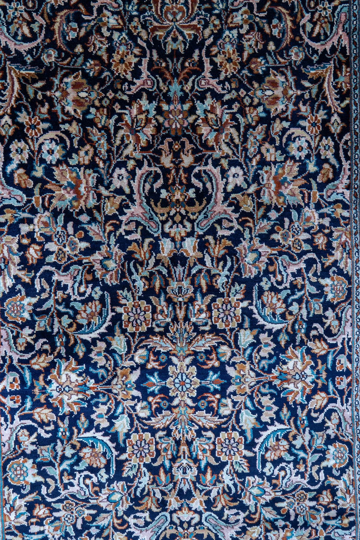 2.5ft x 4ft: Midnight Floral Reverie: Hand Knotted Mulberry silk on silk Kashmiri Carpet
