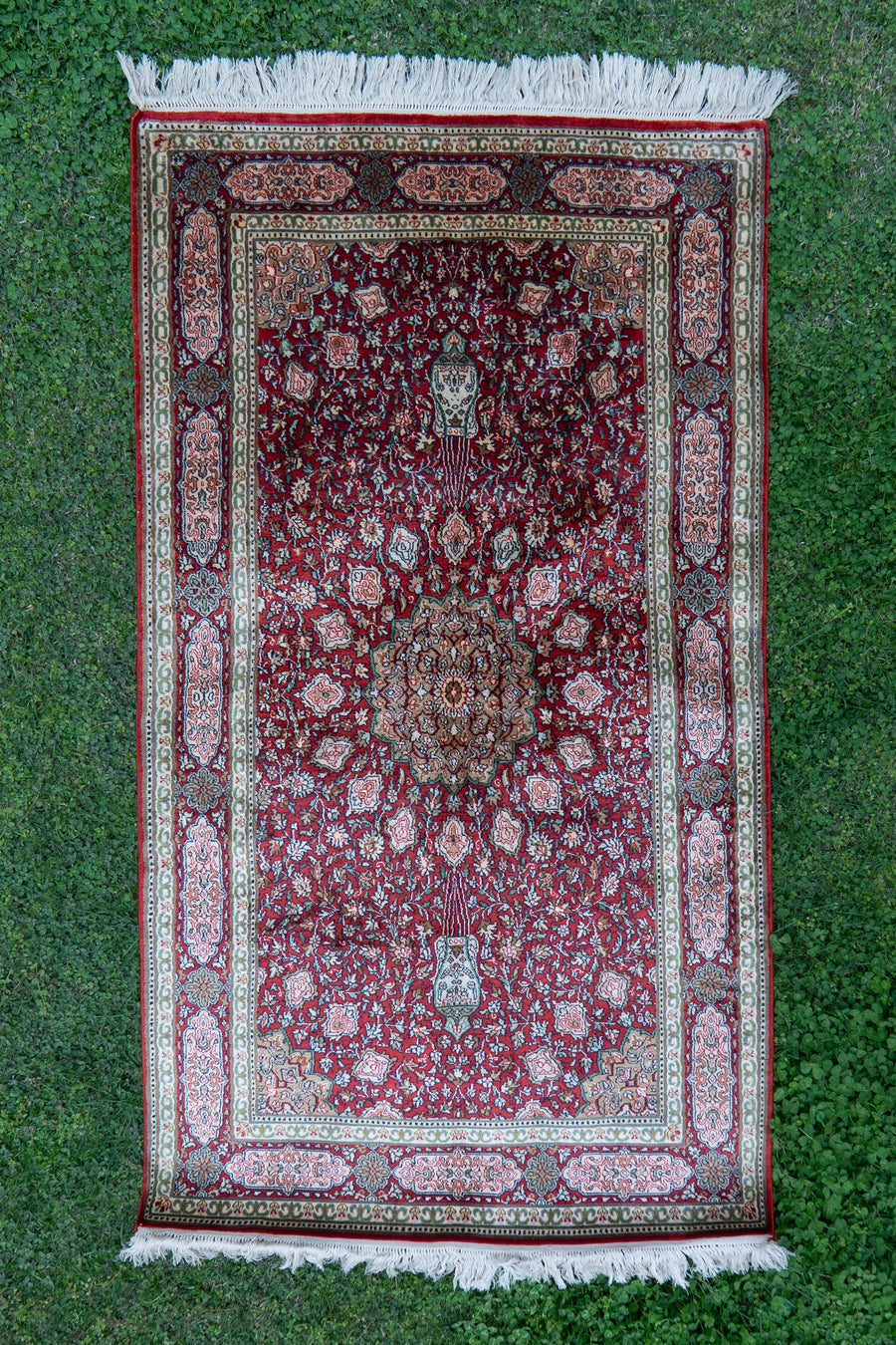 2.5ft x 4ft Ruby Heritage Runner: Hand Knotted Mulberry silk on silk Kashmiri Carpet