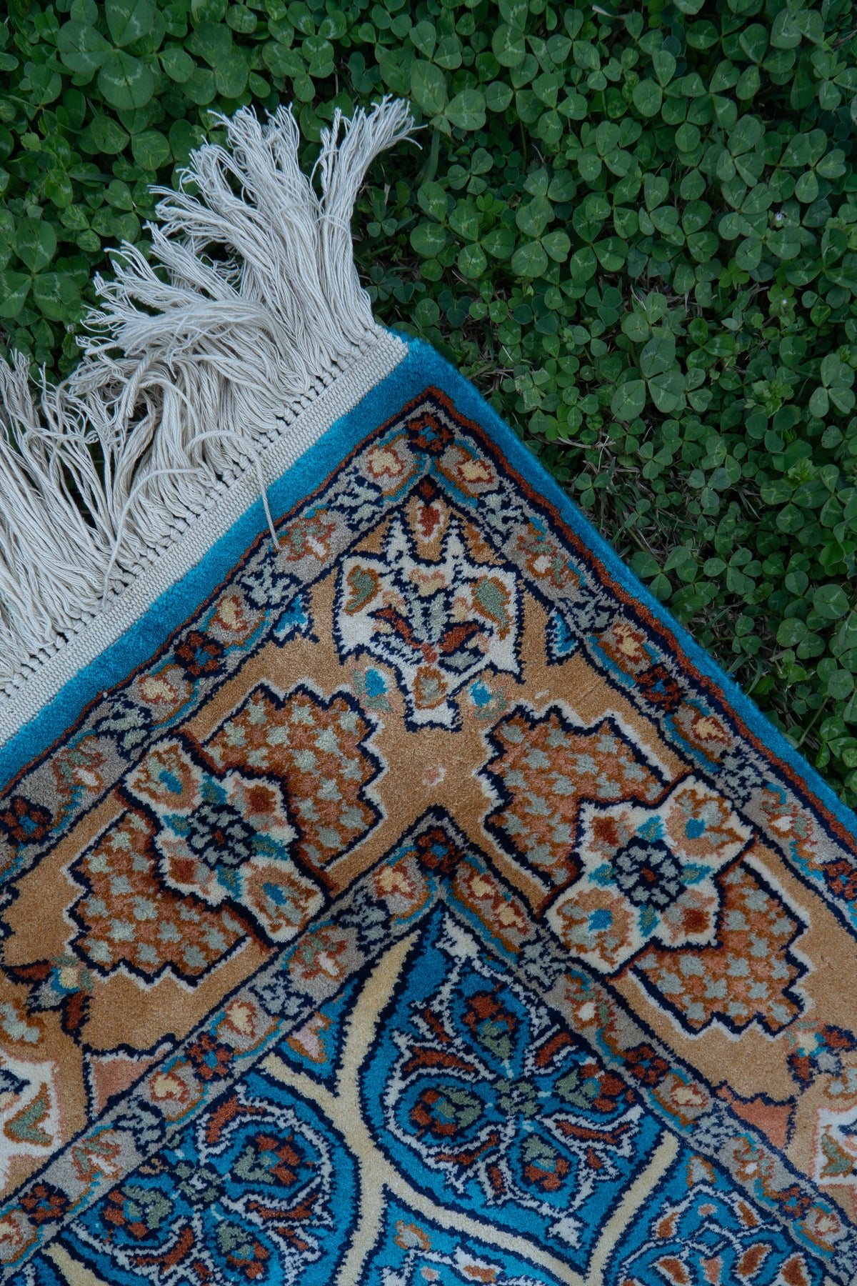2.5ft x 4ft: Azure Radiance Bloom: Hand Knotted Mulberry silk on silk Kashmiri Carpet