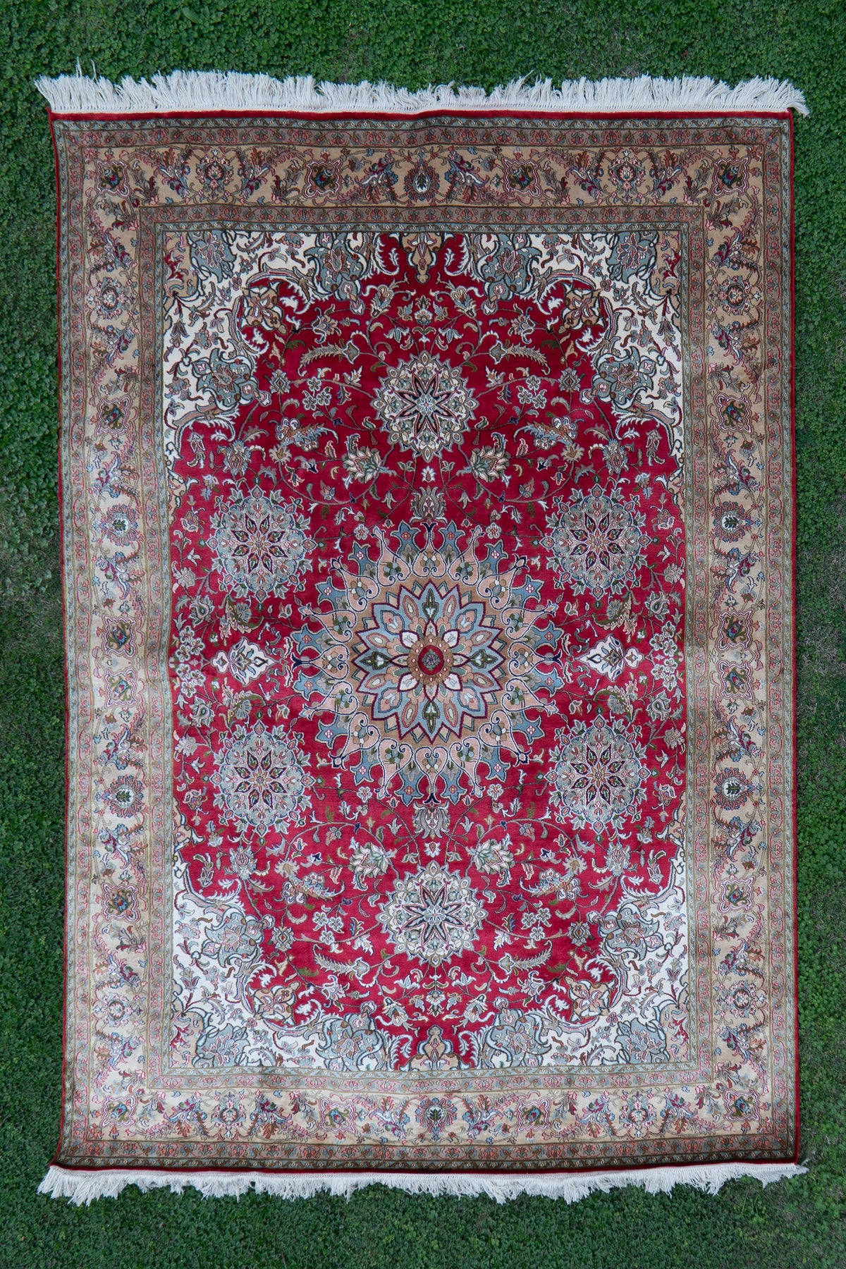 7ft x 5ft: Regal Crimson Medallion Garden: Hand Knotted Mulberry silk on silk Kashmiri Carpet