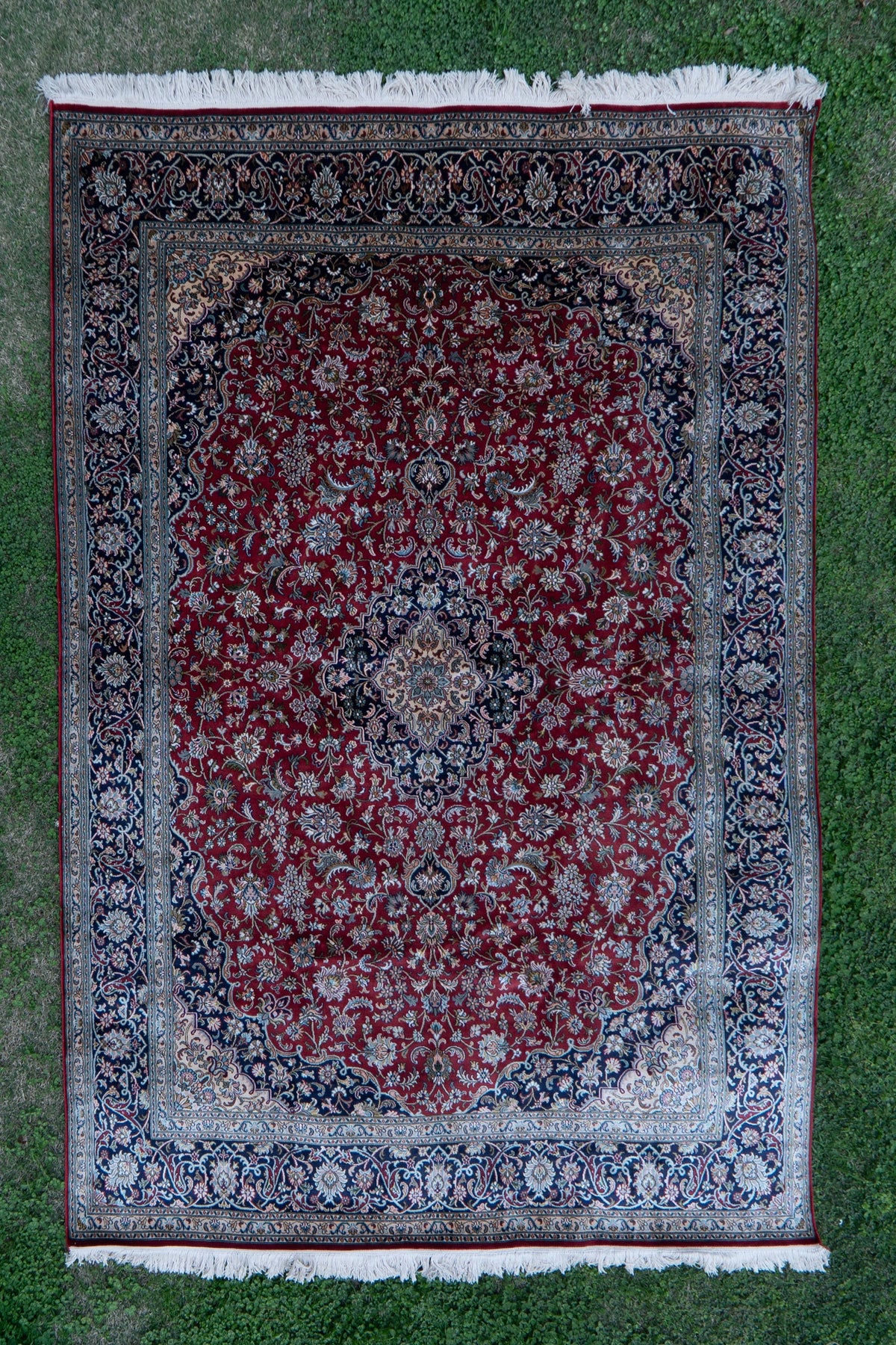 7ft * 5ft: Imperial Ruby Grandeur: Hand Knotted Mulberry silk on silk Kashmiri Carpet