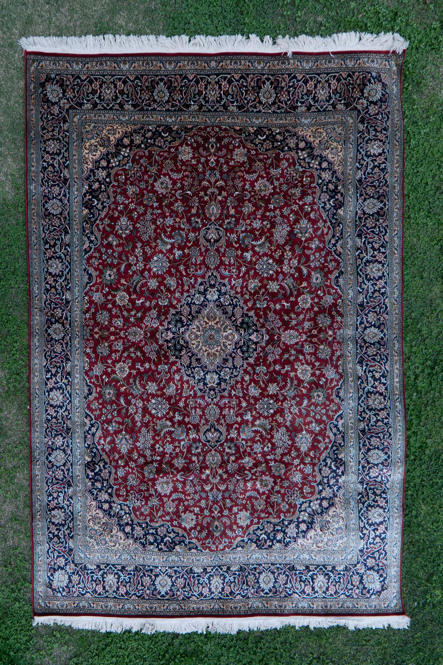 7ft * 5ft: Imperial Ruby Grandeur: Hand Knotted Mulberry silk on silk Kashmiri Carpet