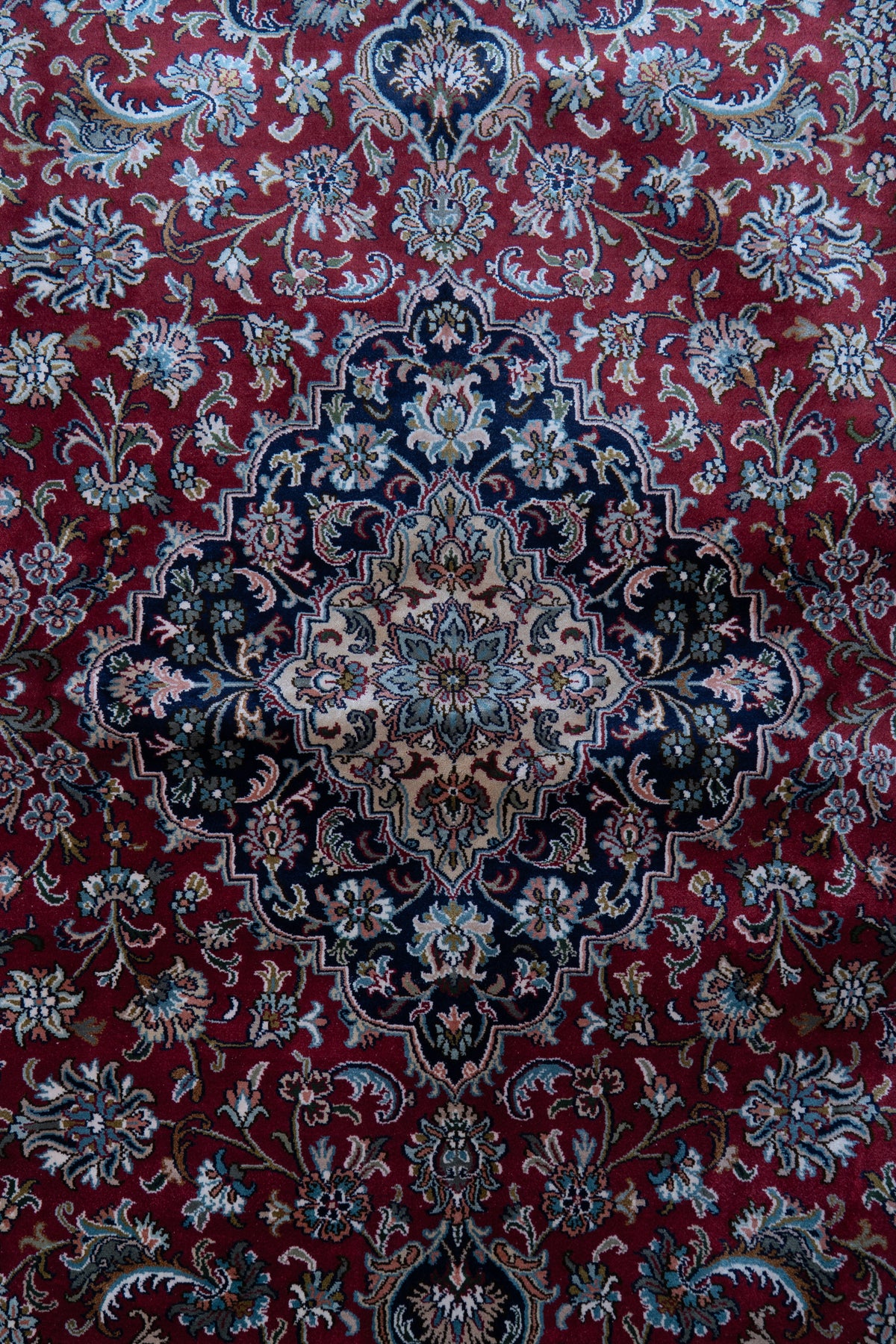 7ft * 5ft: Imperial Ruby Grandeur: Hand Knotted Mulberry silk on silk Kashmiri Carpet