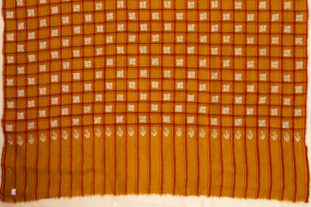 Zarqa – Ochre Checkered Pashmina Shawl with Sozni Embroidery