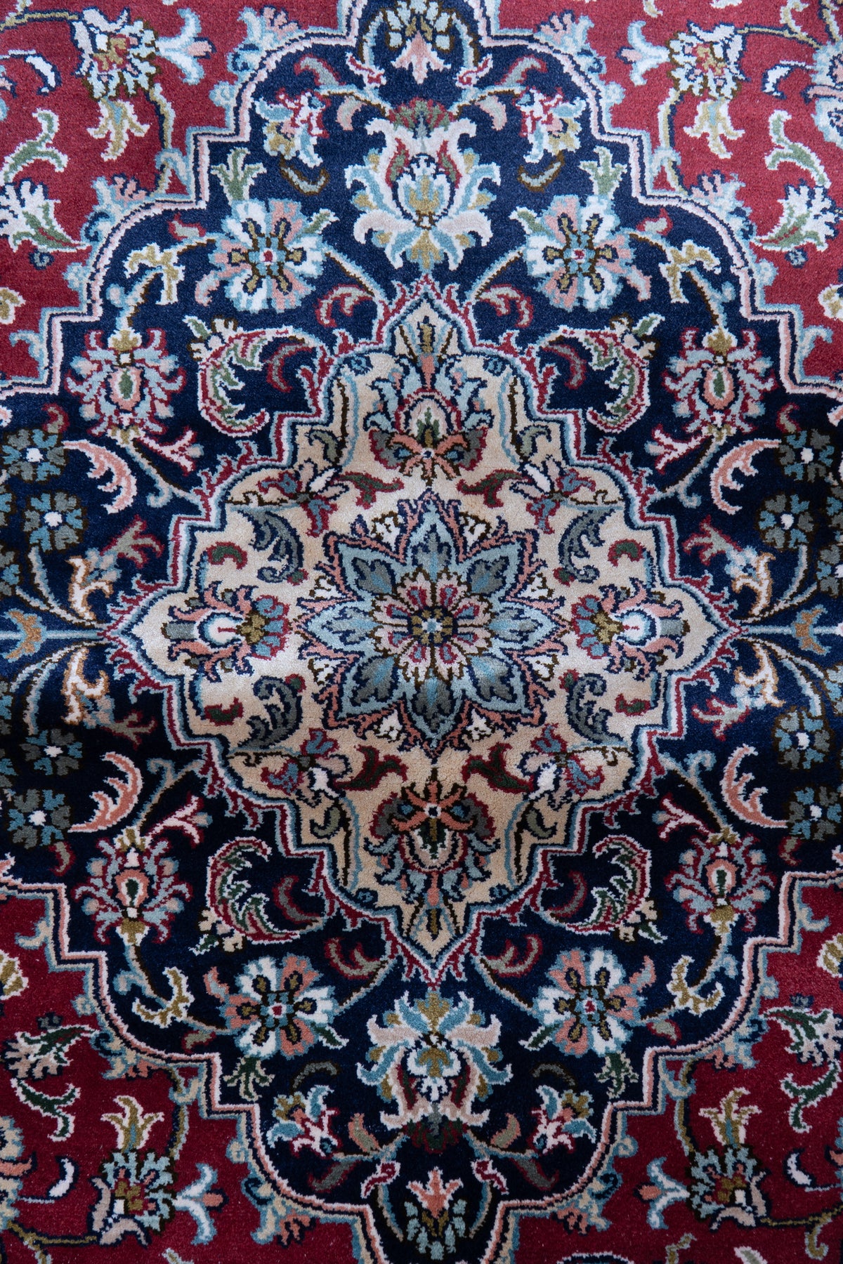 7ft * 5ft: Imperial Ruby Grandeur: Hand Knotted Mulberry silk on silk Kashmiri Carpet