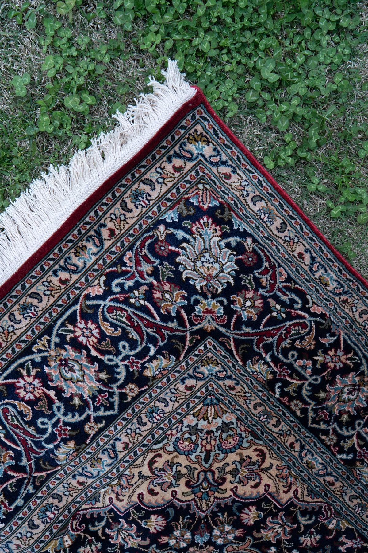 7ft * 5ft: Imperial Ruby Grandeur: Hand Knotted Mulberry silk on silk Kashmiri Carpet
