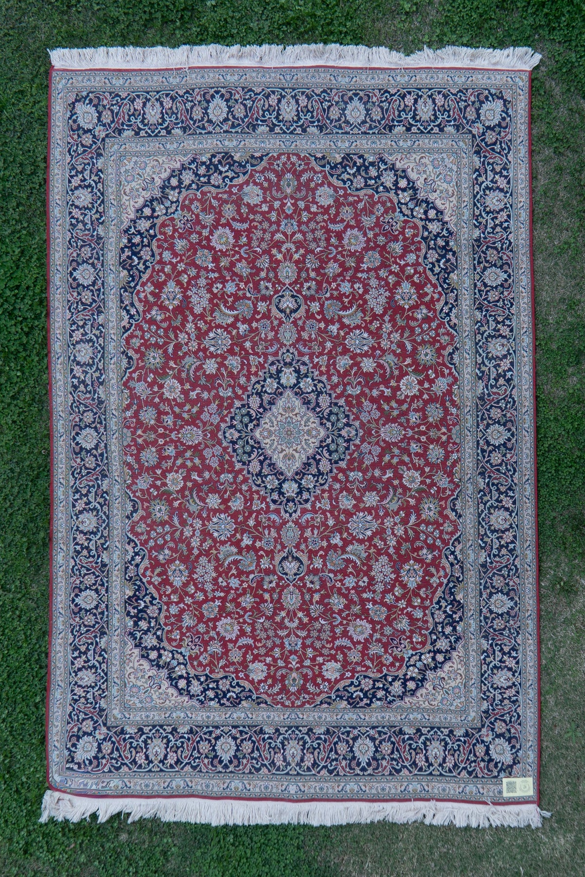 7ft * 5ft: Imperial Ruby Grandeur: Hand Knotted Mulberry silk on silk Kashmiri Carpet