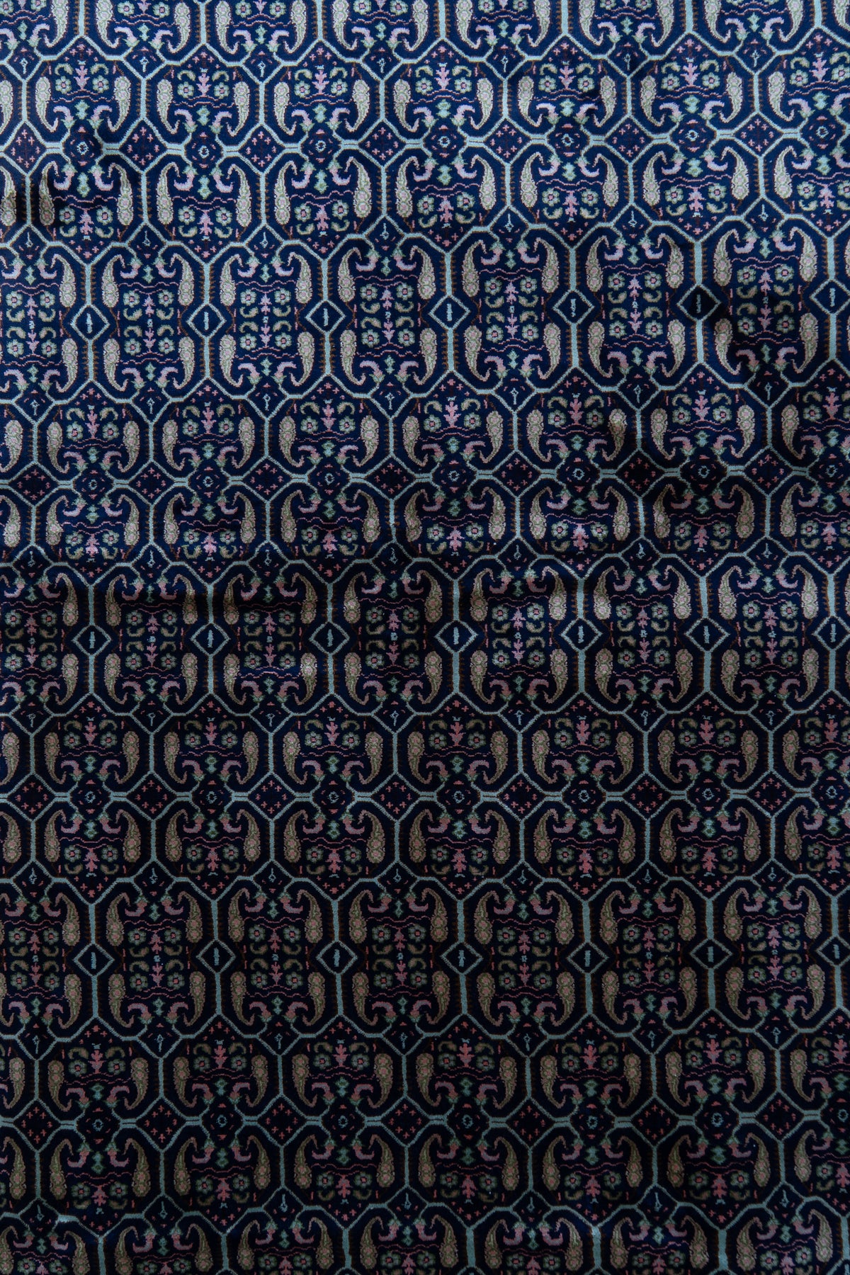 7FT x 5FT Midnight Lattice Harmony: Hand Knotted Mulberry silk on silk Kashmiri Carpet
