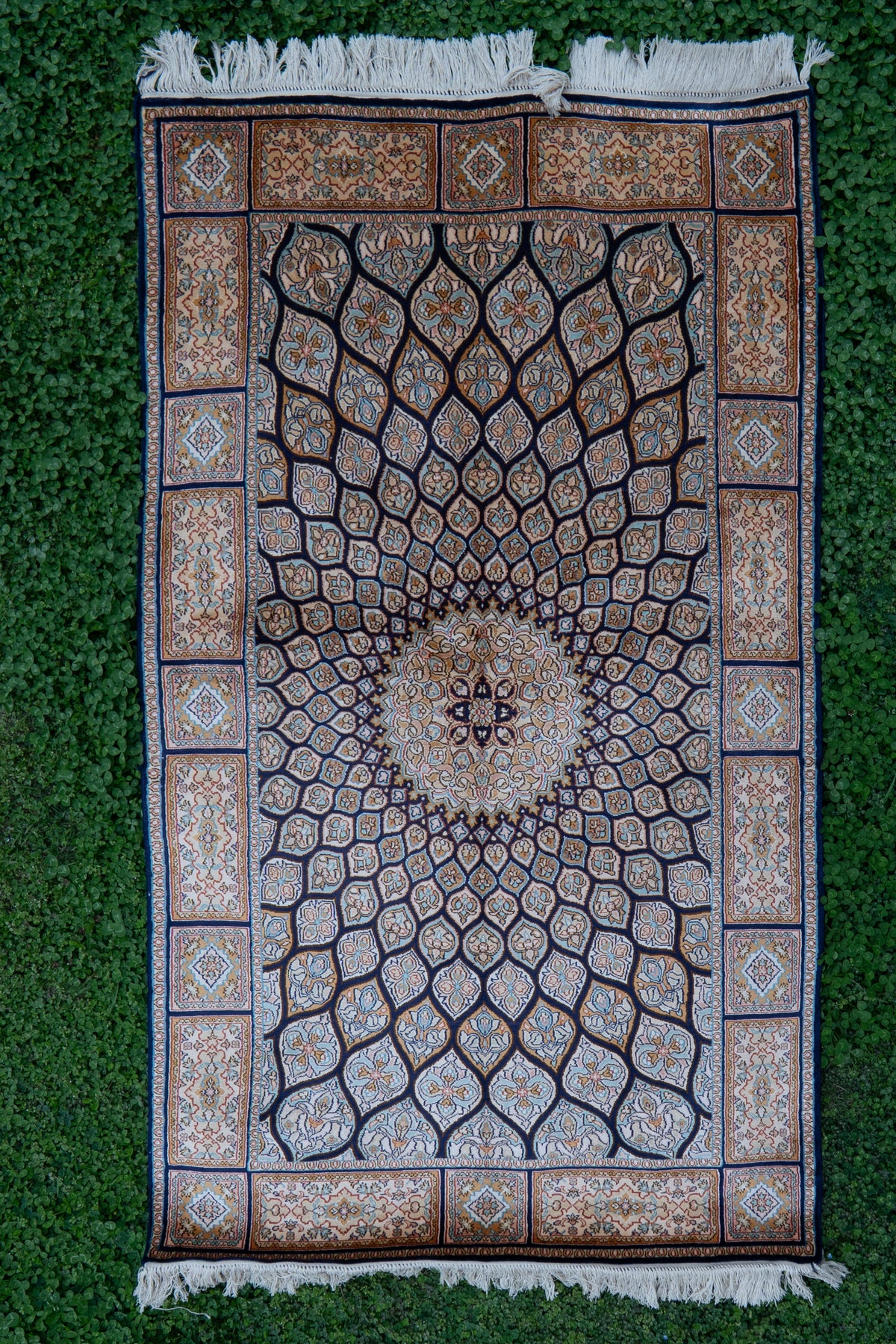 5ft x 3ft: Ivory Petal Radiance: Hand Knotted Mulberry silk on silk Kashmiri Carpet