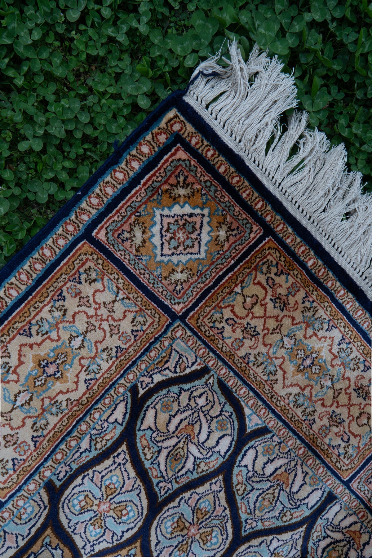 5ft x 3ft: Ivory Petal Radiance: Hand Knotted Mulberry silk on silk Kashmiri Carpet