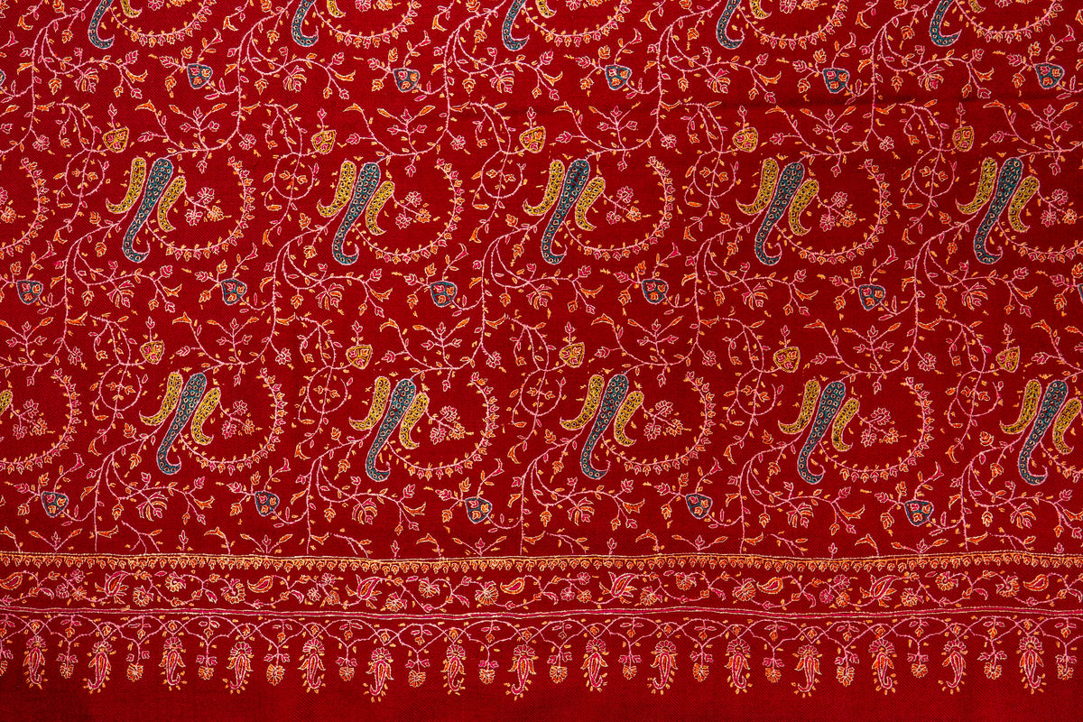 Laleh – Crimson Sozni Hand-Embroidered Pure Pashmina Shawl