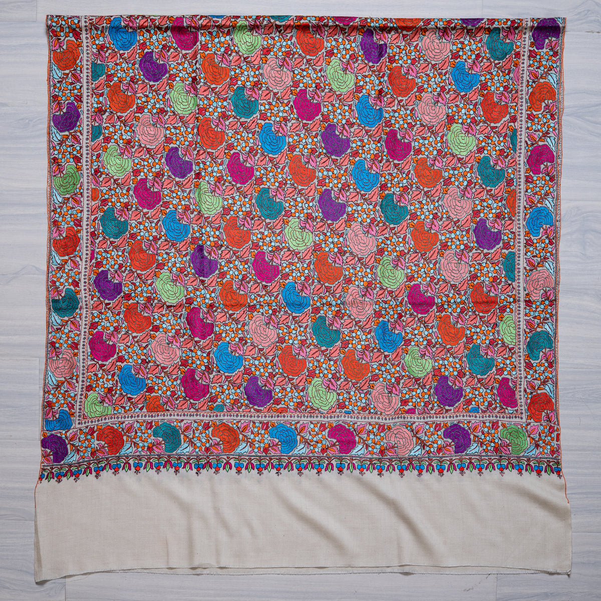 Blossom Carnival Hand Embroidered Papier Mache Pure Pashmina Shawl