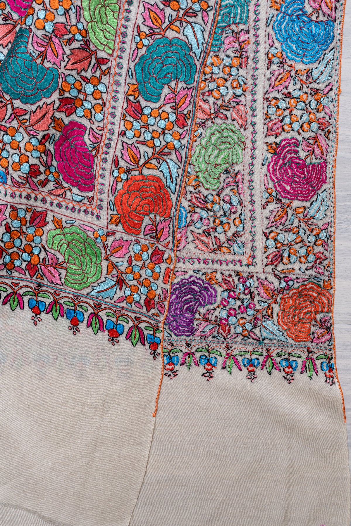 Blossom Carnival Hand Embroidered Papier Mache Pure Pashmina Shawl