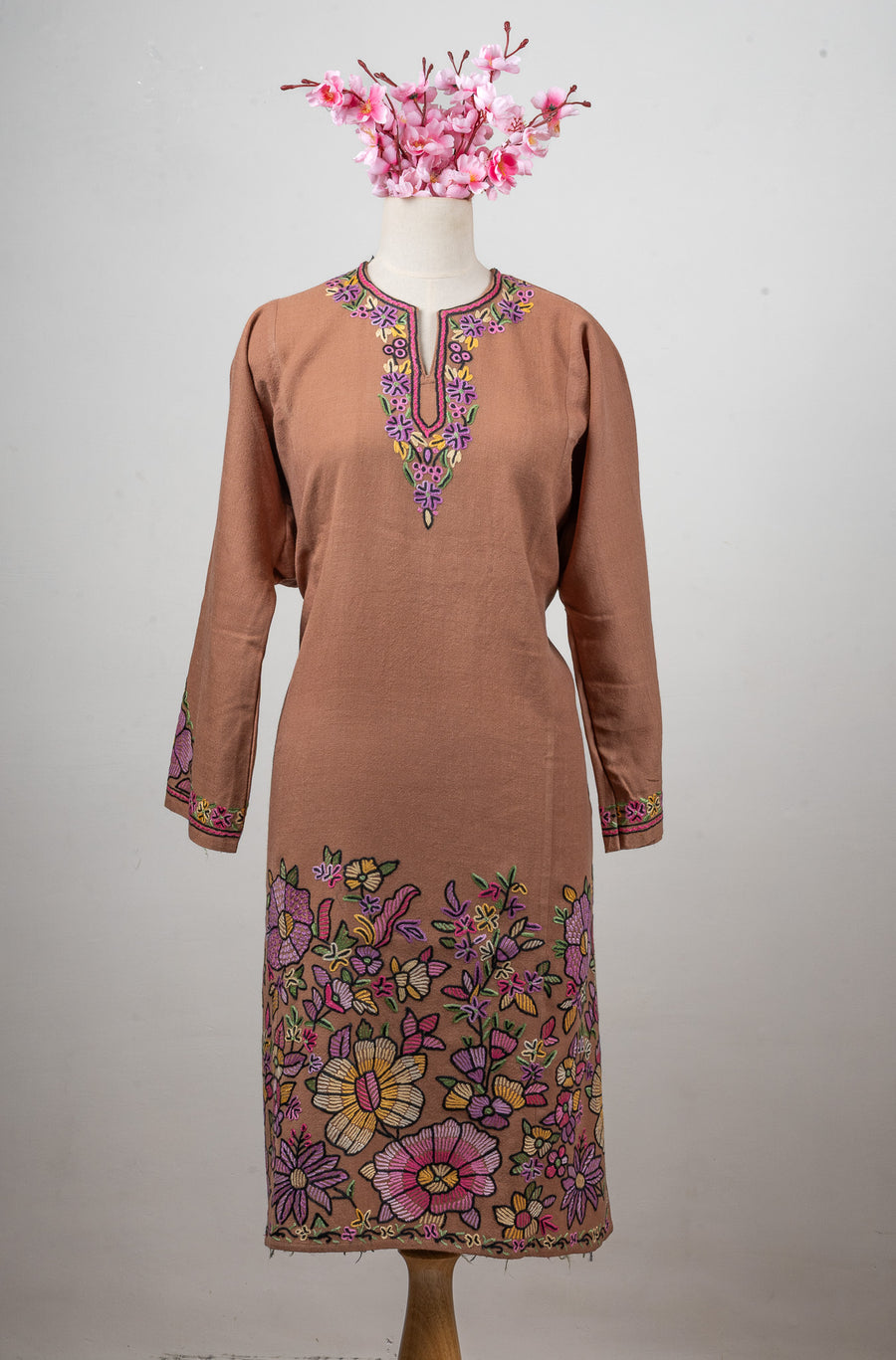 Blush Bloom Sozni Hand Embroidered Fine Merino Wool Pheran