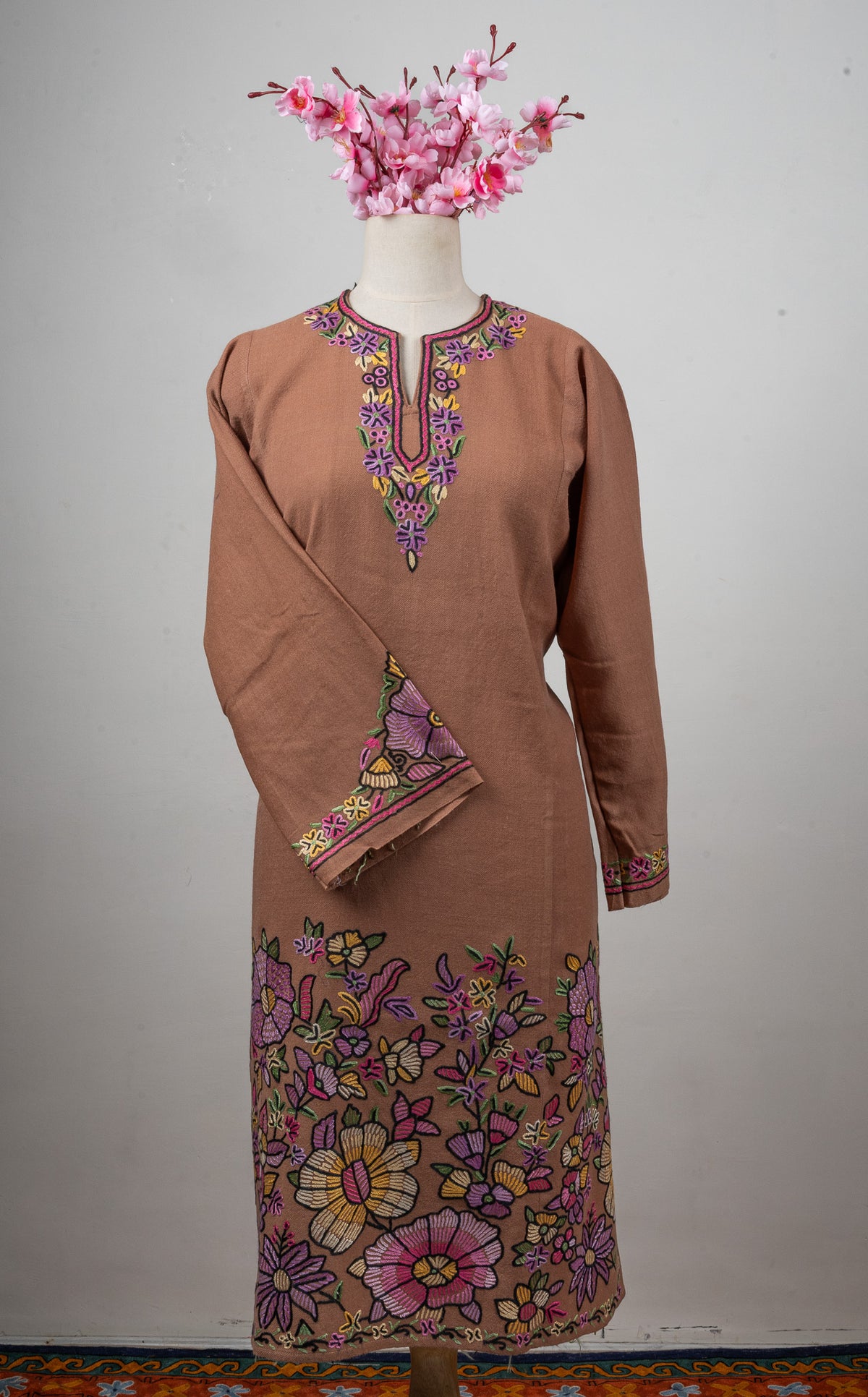 Blush Bloom Sozni Hand Embroidered Fine Merino Wool Pheran