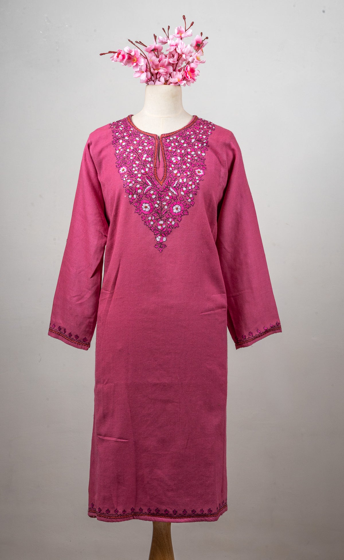 Rose Glimmer Sozni Hand Embroidered Fine Merino Wool Pheran