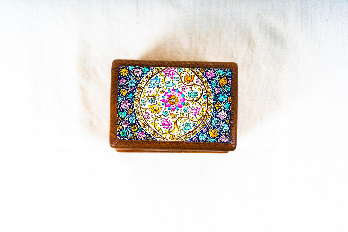 Top view of the rectangular box lid with a pale circular floral medallion surrounded by colourful flowers on a dark ground