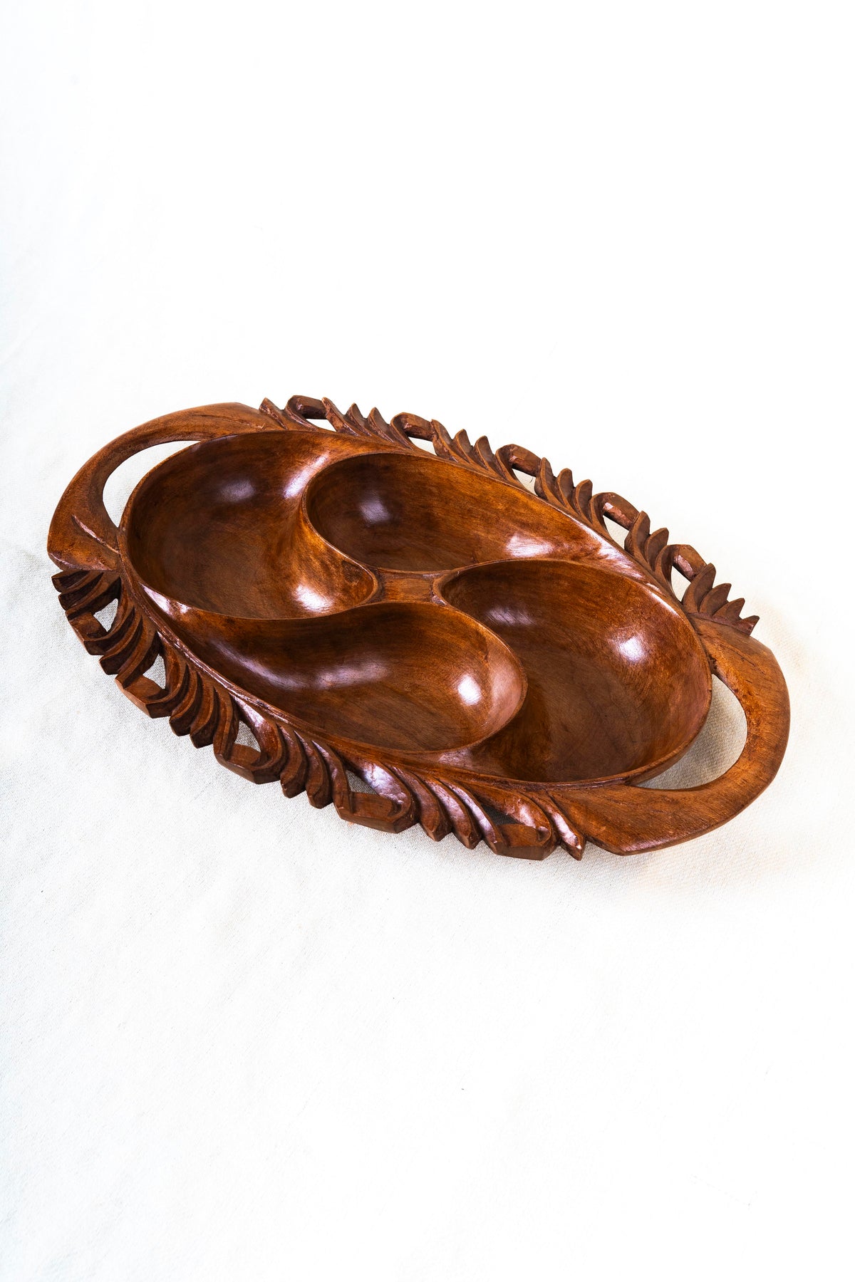 Hand-Carved Walnut Wood Dry Fruit Bowl with Triple Compartments
