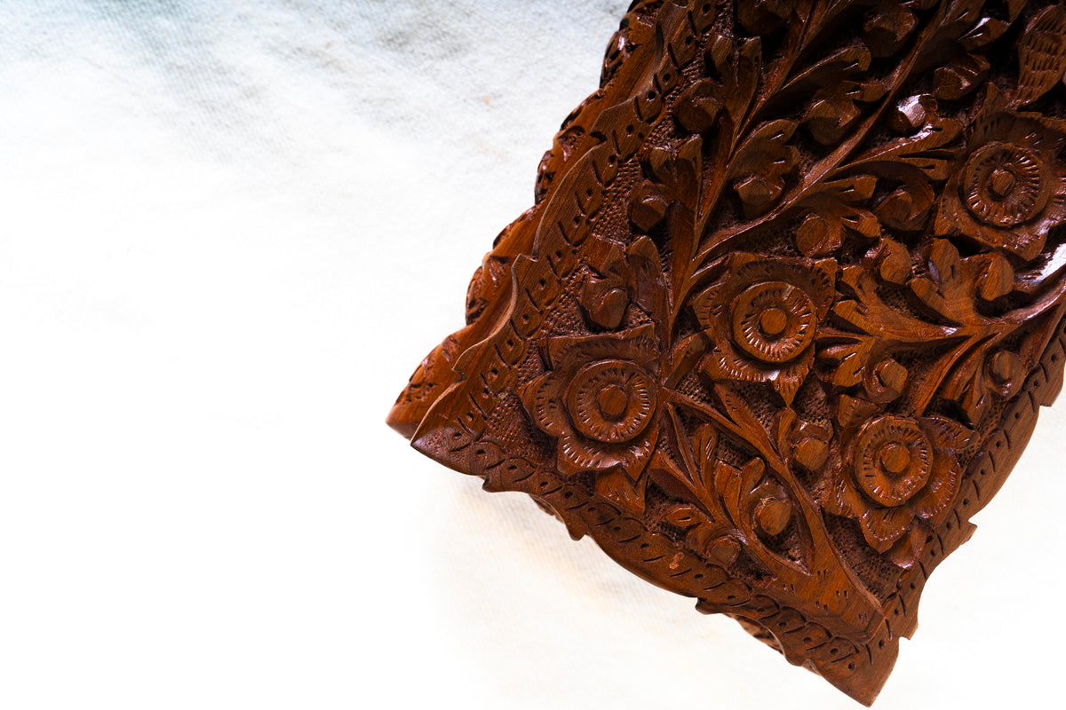 Floral Hand-Carved Wooden Jewelry Box with Hidden Lock