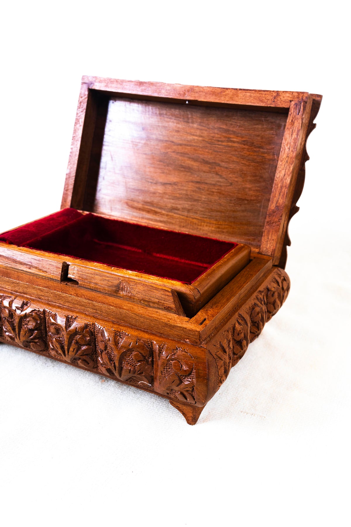 Floral Hand-Carved Wooden Jewelry Box with Hidden Lock