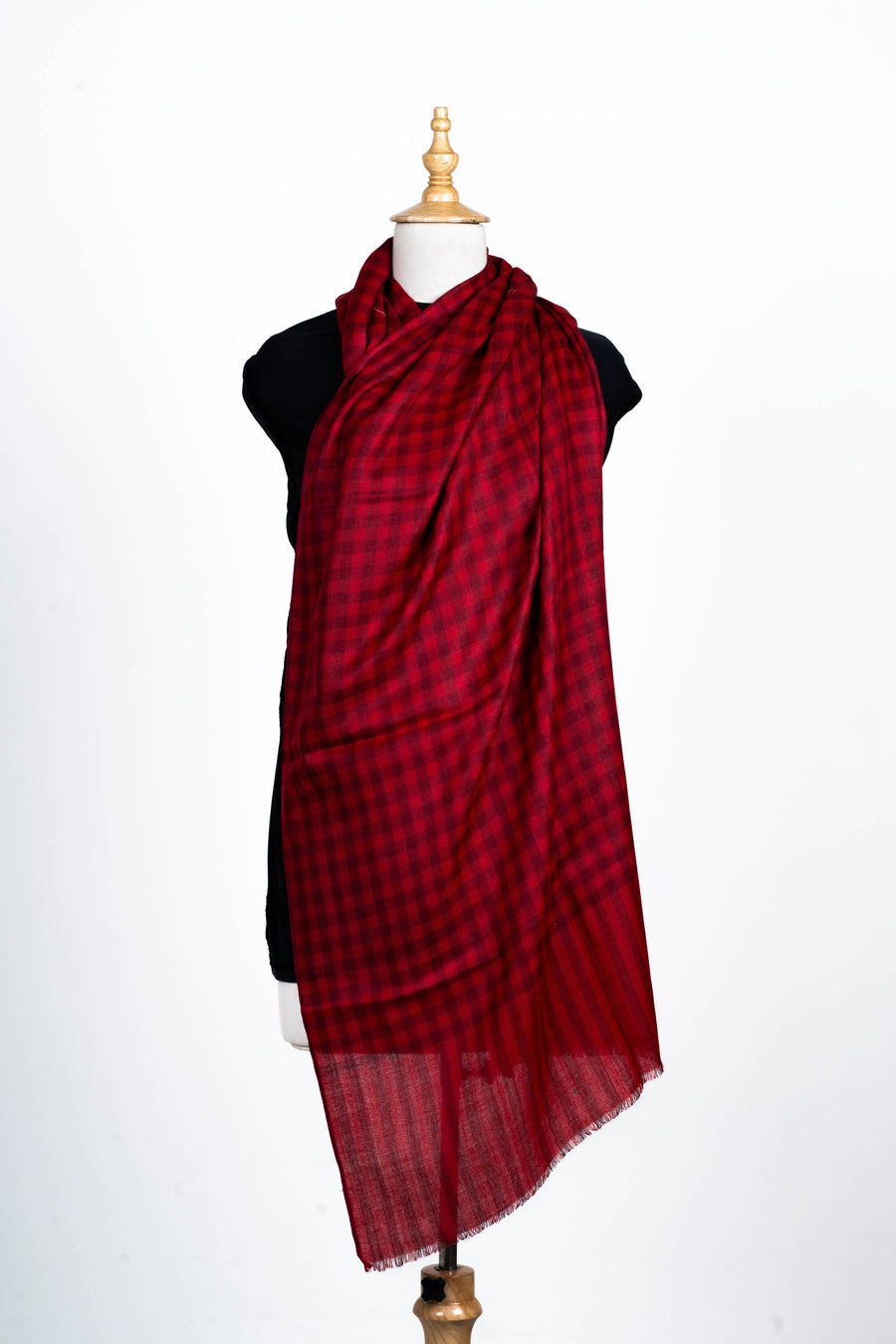 Crimson Checks: Merino Wool Stole in Bold Red Hues