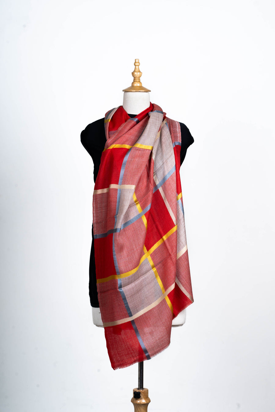 Radiant Elegance: Merino Wool Checked Scarf in Scarlet Hues
