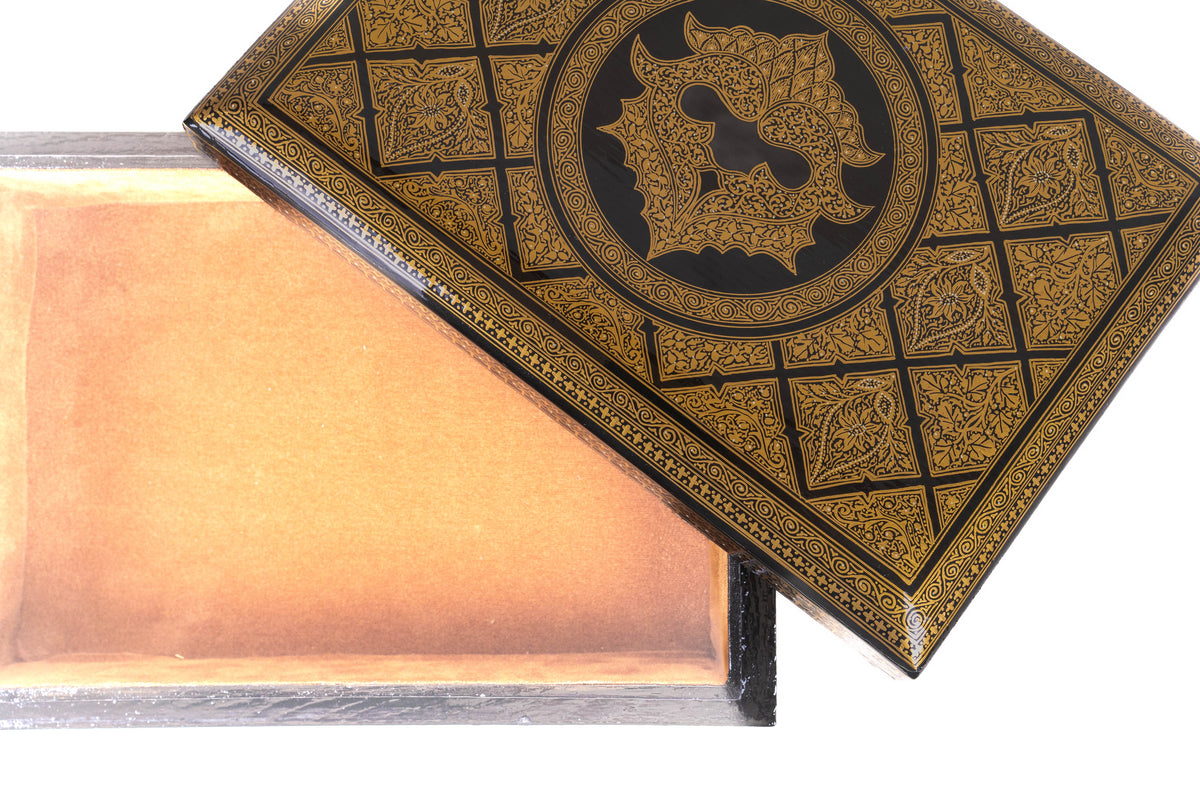 Close-up of the gold-and-black diamond-pattern lid and circular medallion beside the box’s warm-toned interior.