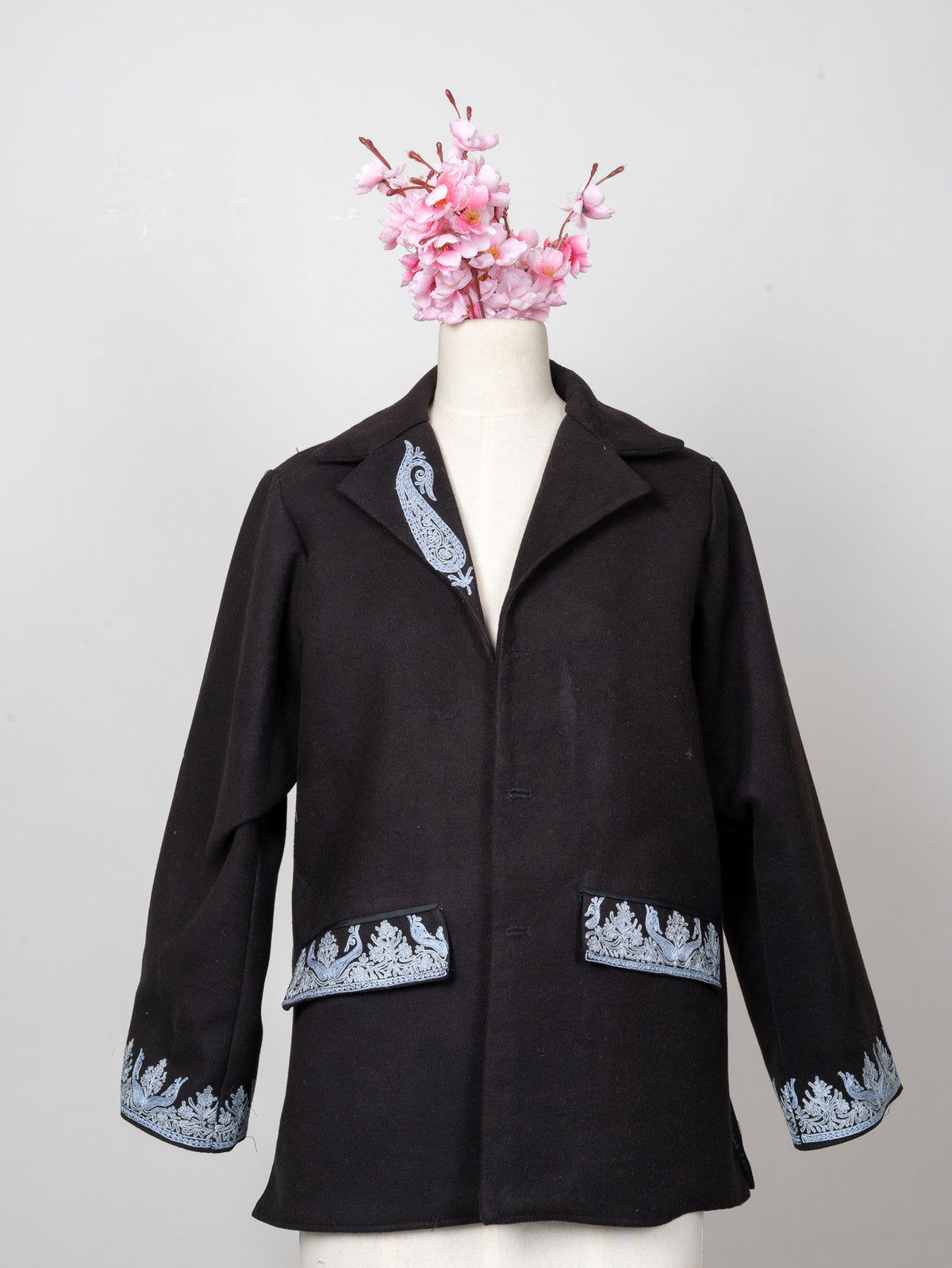 Midnight Laurel: Aari Embroidered Fine Merino Wool Jacket
