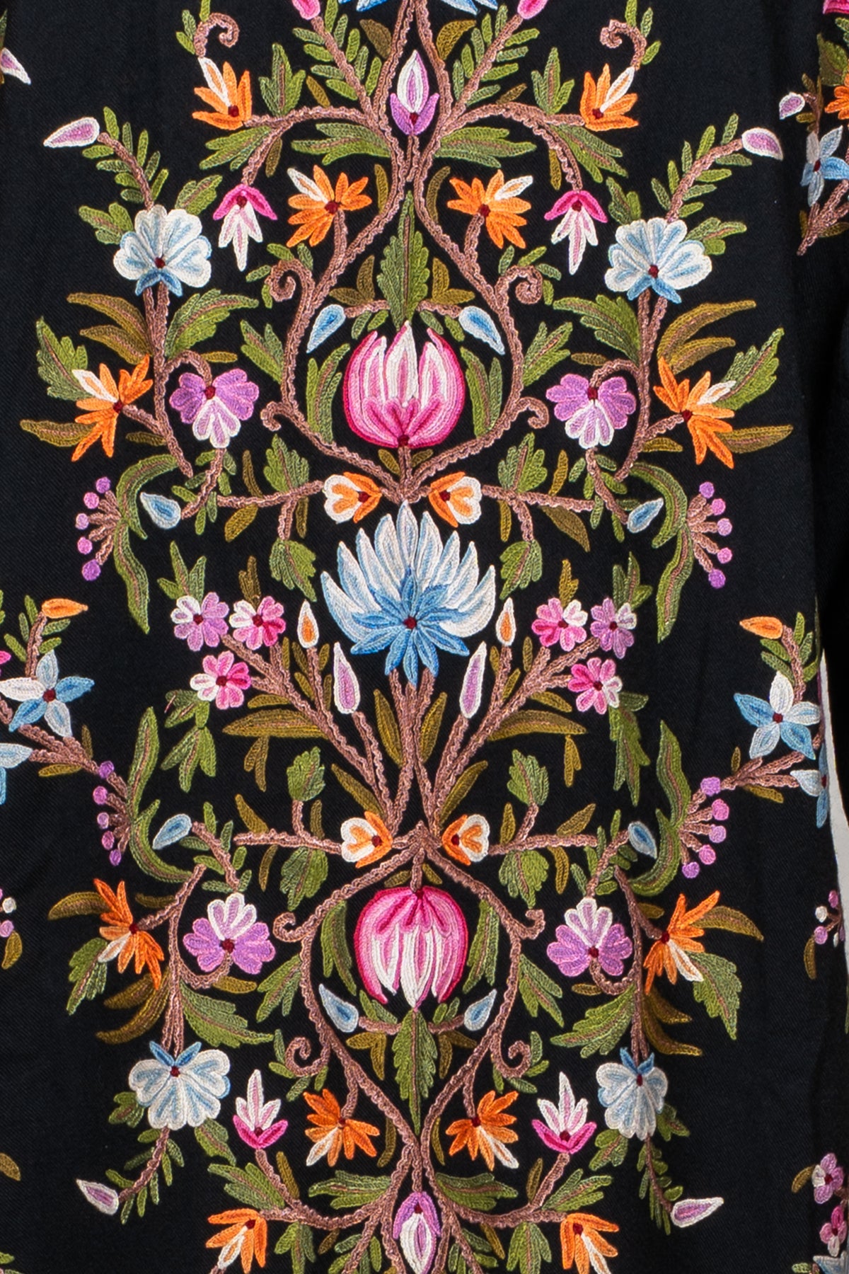 Close-up of the jacket’s back embroidery, with pink buds, blue flowers, orange blossoms and curling green-leaved stems