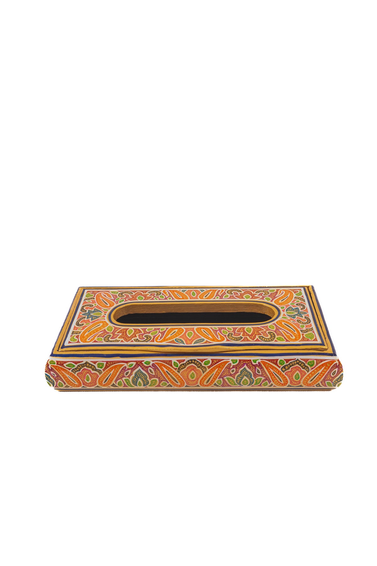 Front view of the empty paisley paper mache tissue box, with a dark oval slot and painted orange-and-green sides