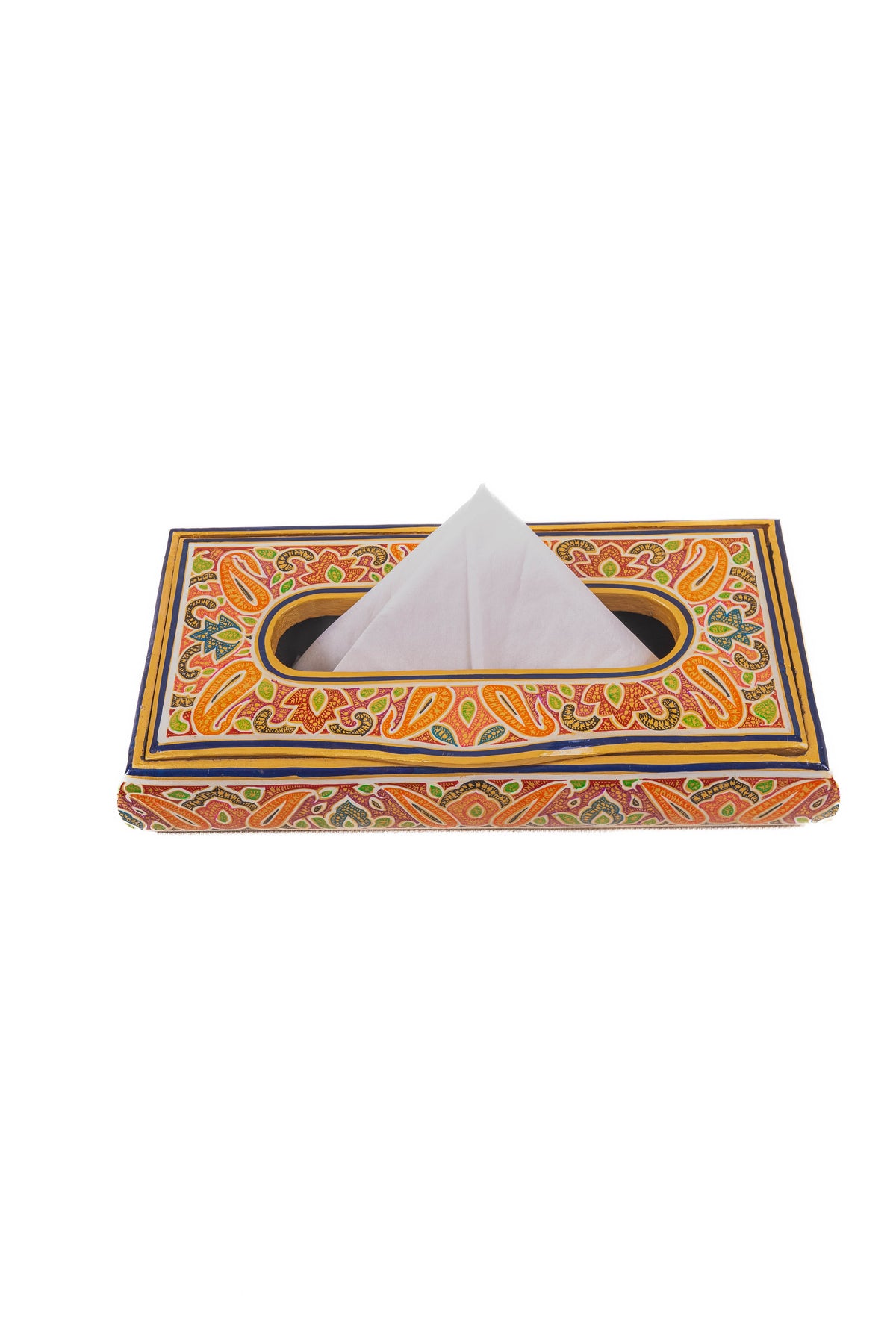 Front angled view of a rectangular paisley tissue box, with a folded white tissue through its oval top opening