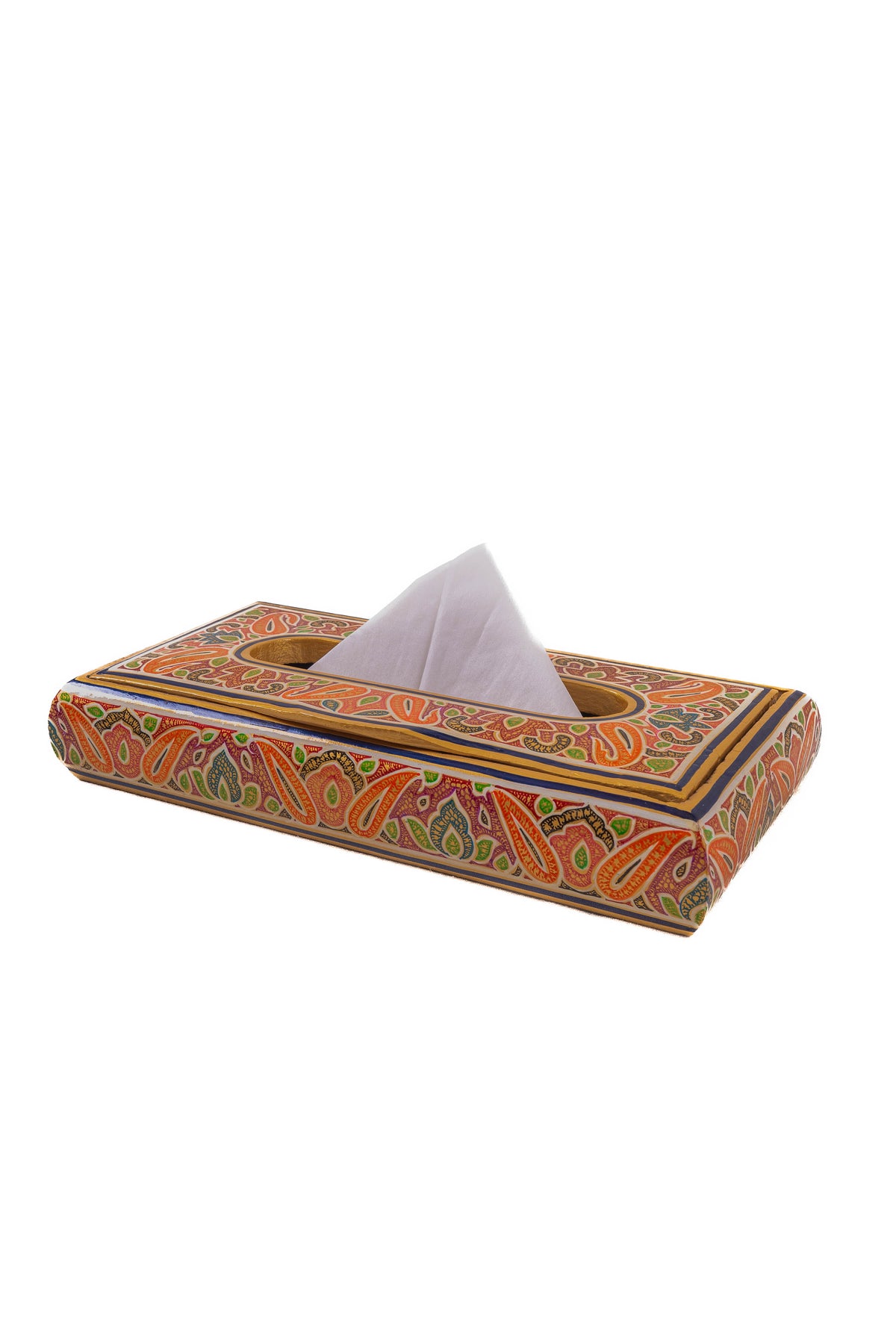 Low side view of the paisley paper mache tissue box, showing painted sides and a white tissue through the top