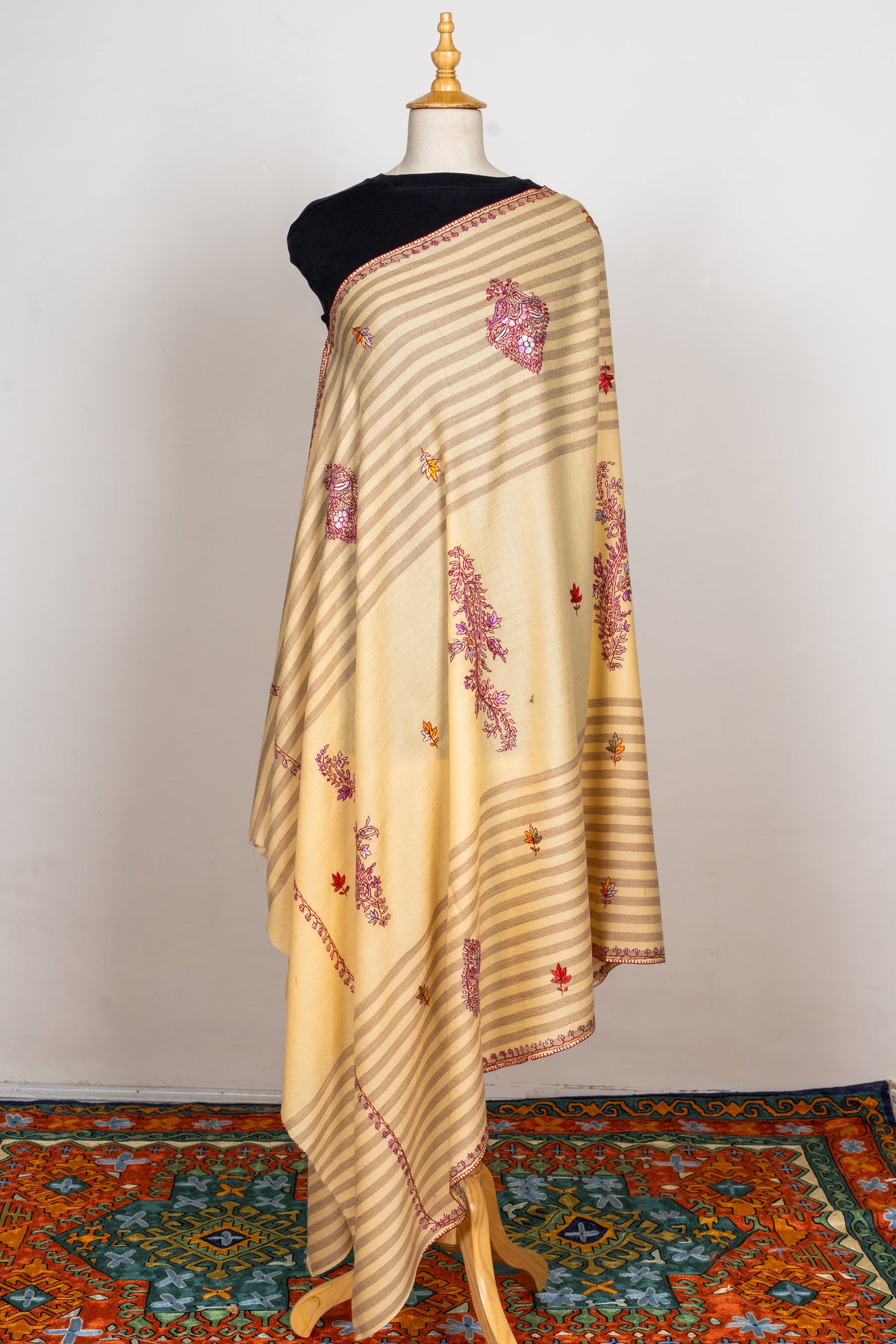 Sozni Hand Embroidered Merino Wool Shawl in Soft Buttercream Stripes