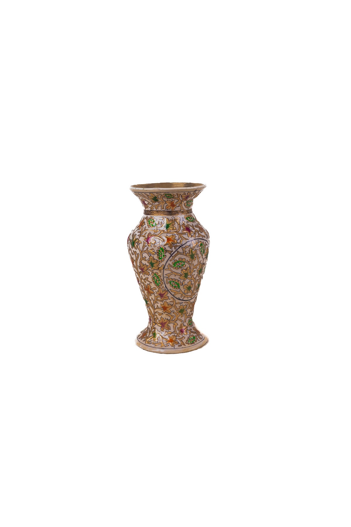 Full view of the cream-coloured decorative vase, with a narrow neck and foot beneath an all-over painted vine pattern.
